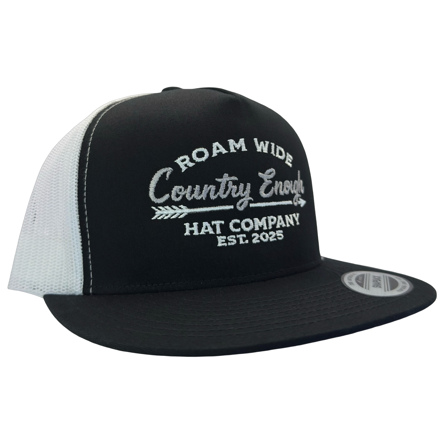 Yupoong 6006 snapback with words roam wide country enough hat company est. 2025 #black/white