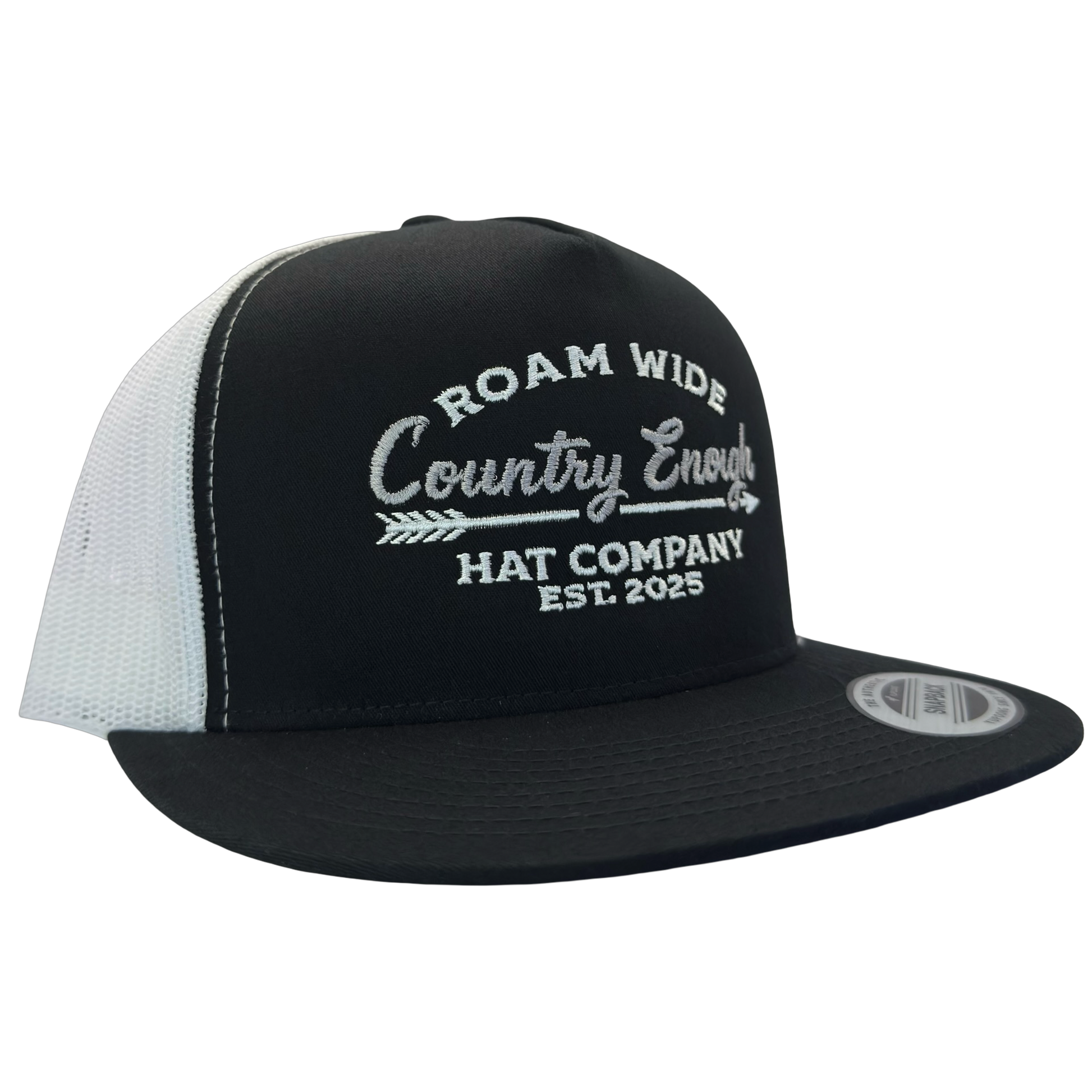 Yupoong 6006 snapback with words roam wide country enough hat company est. 2025 #black/white