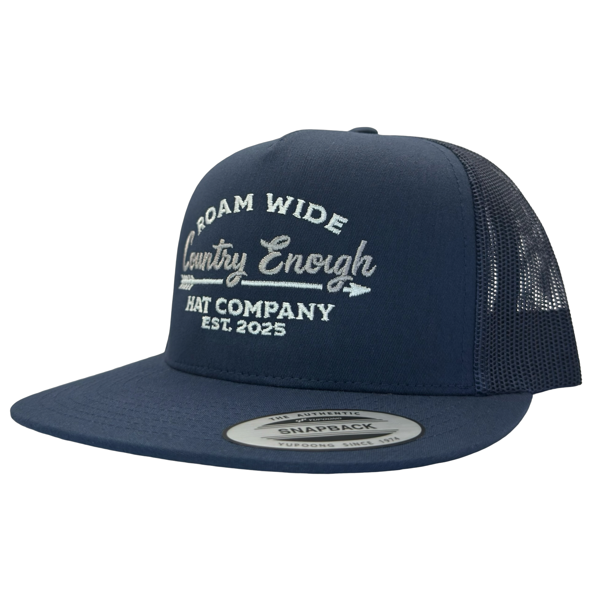 Yupoong 6006 snapback with words roam wide country enough hat company est. 2025 #navy