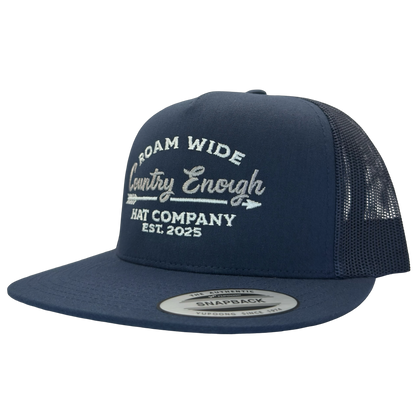 Yupoong 6006 snapback with words roam wide country enough hat company est. 2025 #navy