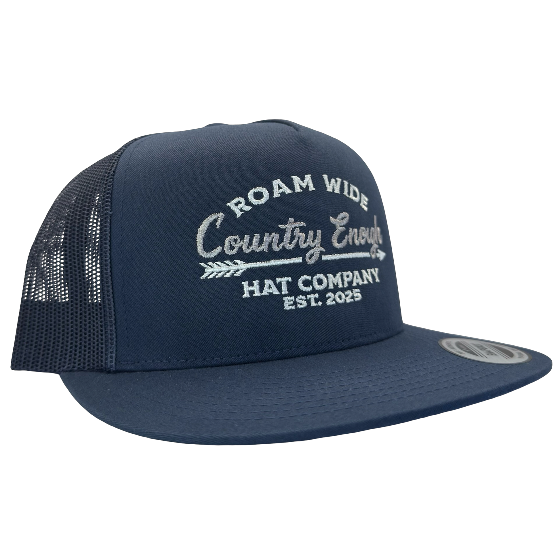Yupoong 6006 snapback with words roam wide country enough hat company est. 2025 #navy