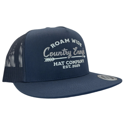 Yupoong 6006 snapback with words roam wide country enough hat company est. 2025 #navy