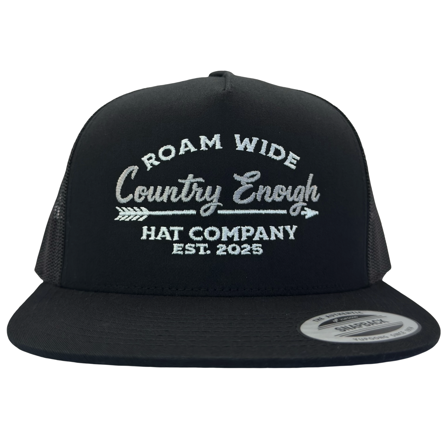 Yupoong 6006 snapback with words roam wide country enough hat company est. 2025 #black