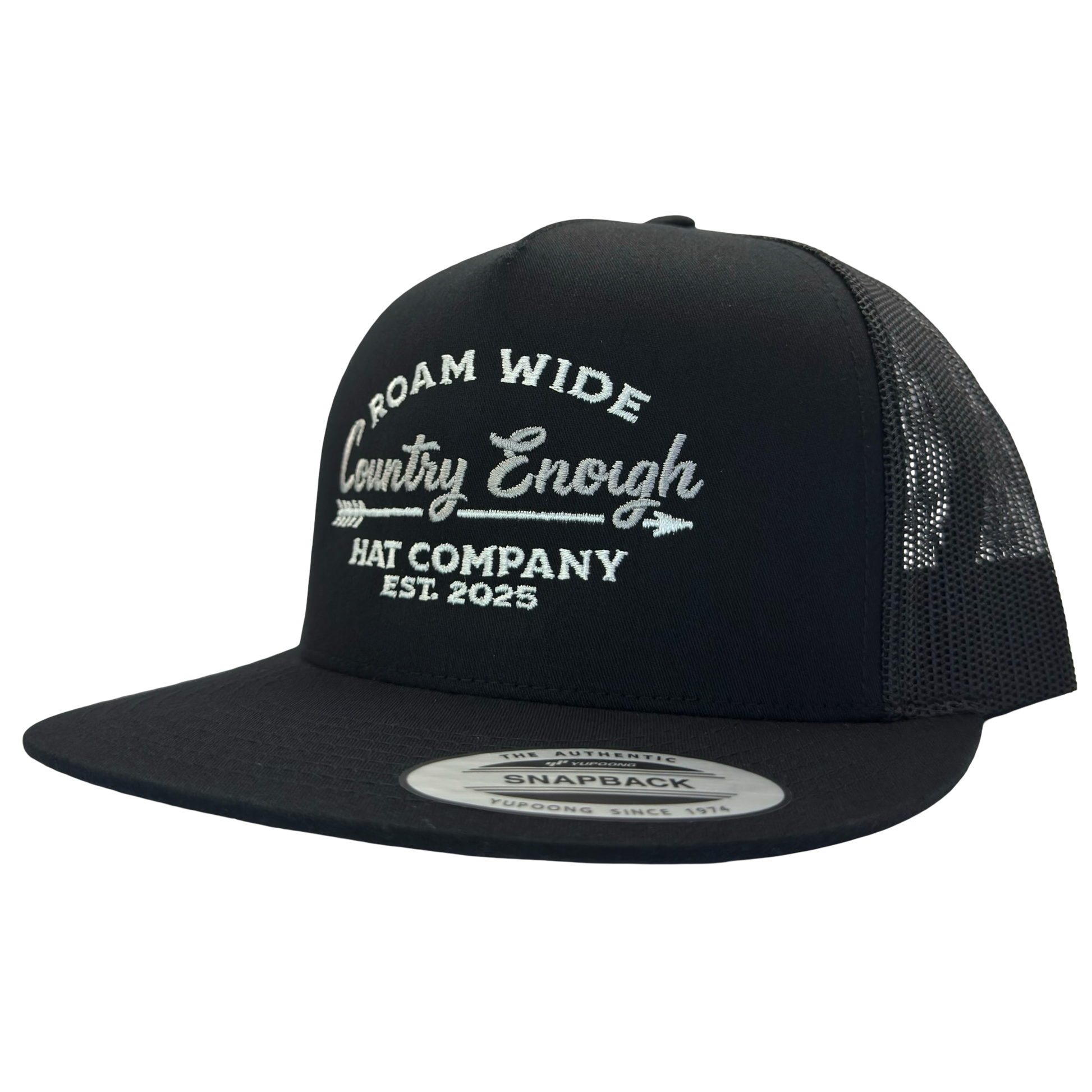 Yupoong 6006 snapback with words roam wide country enough hat company est. 2025 #black