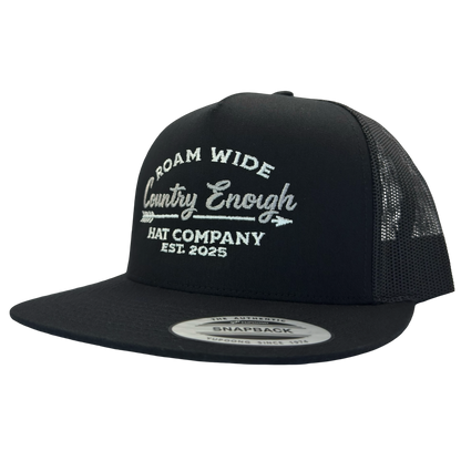 Yupoong 6006 snapback with words roam wide country enough hat company est. 2025 #black