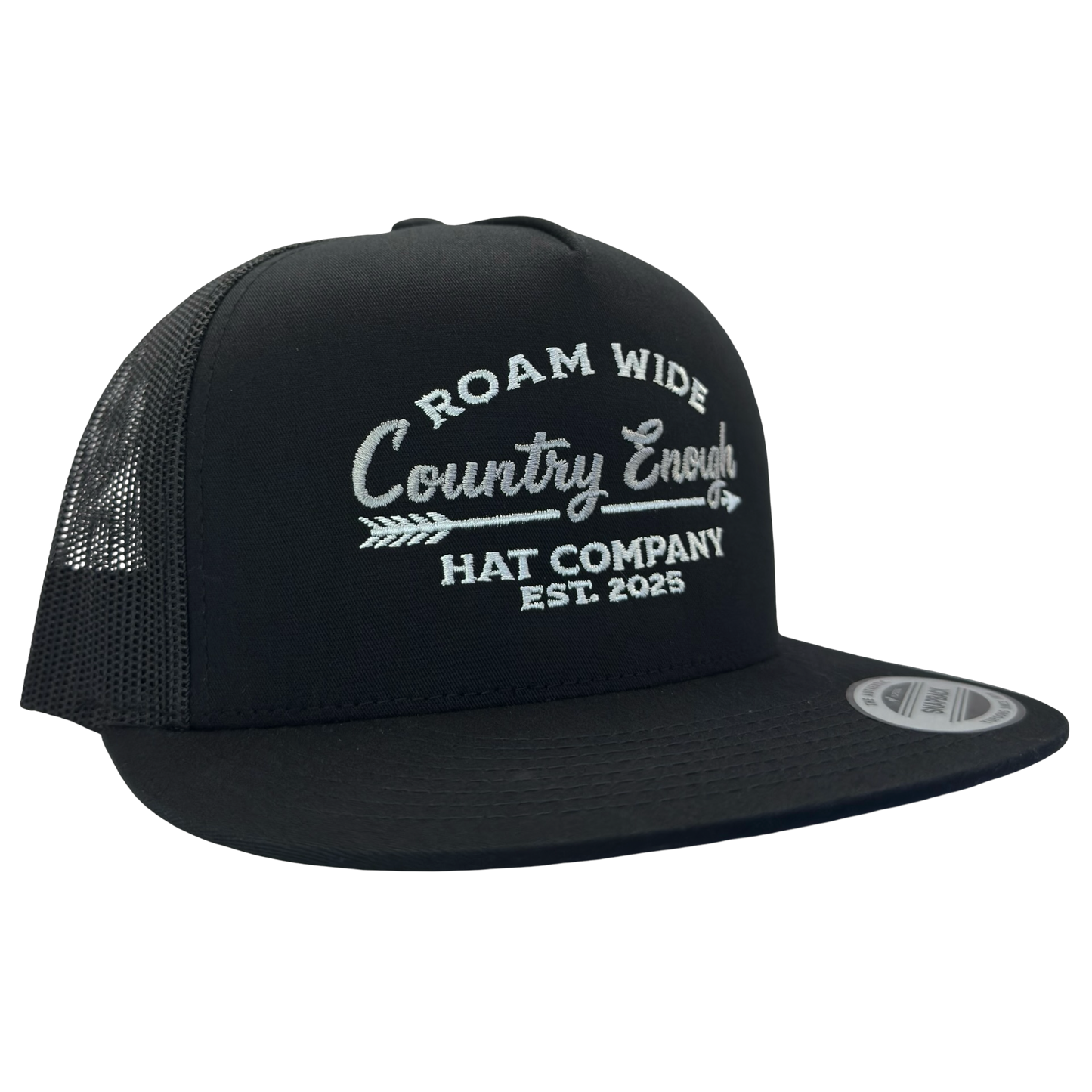 Yupoong 6006 snapback with words roam wide country enough hat company est. 2025 #black