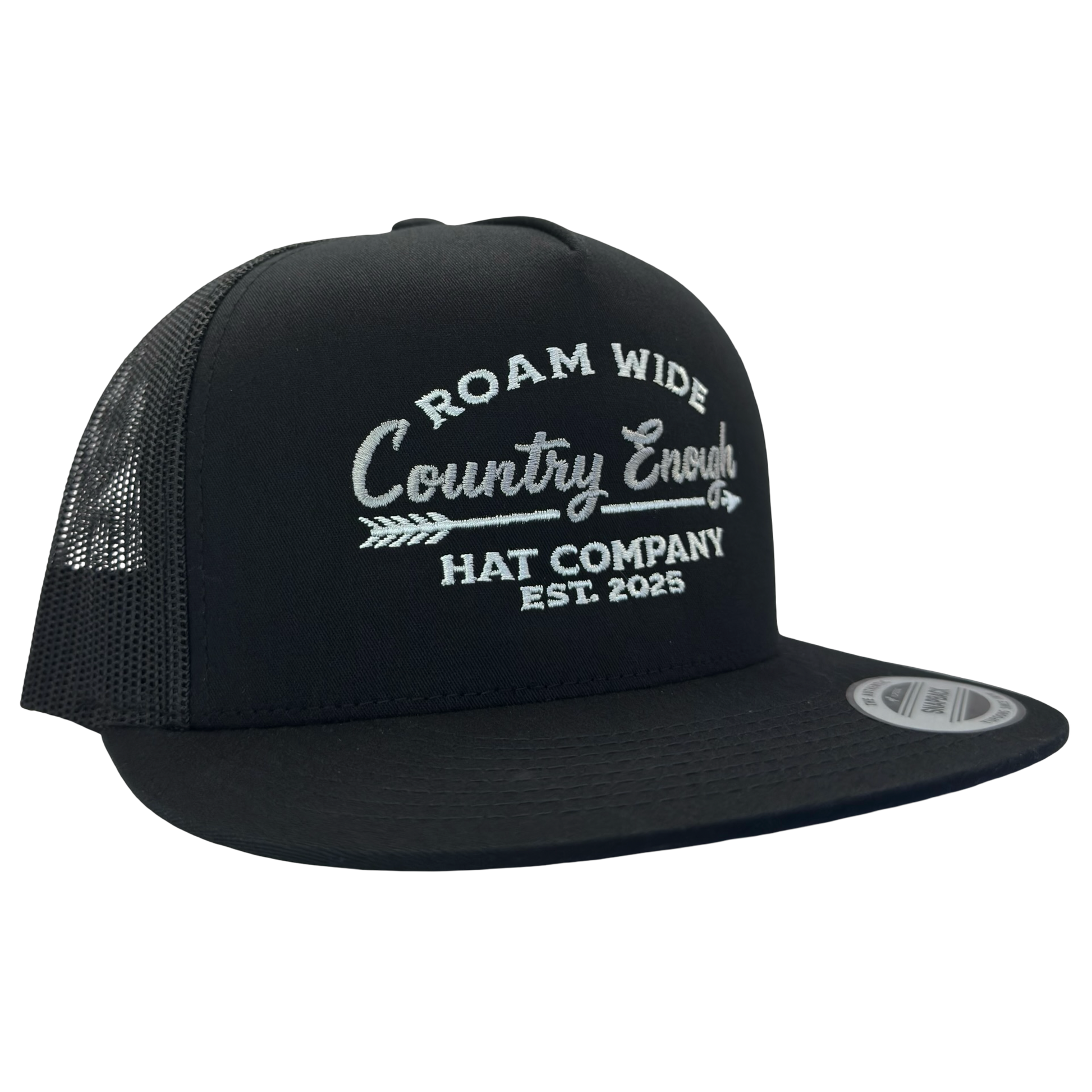 Yupoong 6006 snapback with words roam wide country enough hat company est. 2025 #black