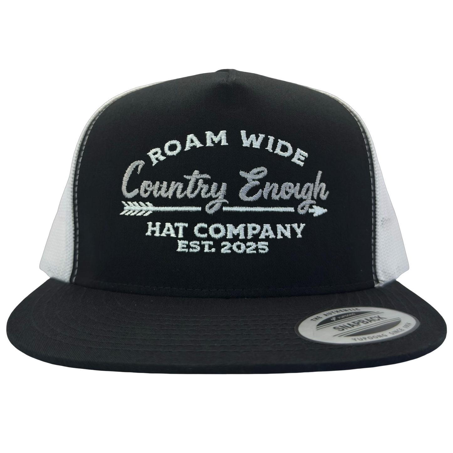 Yupoong 6006 snapback with words roam wide country enough hat company est. 2025 #black/white