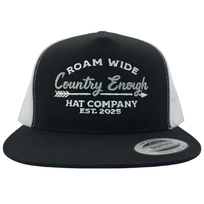 Yupoong 6006 snapback with words roam wide country enough hat company est. 2025 #black/white