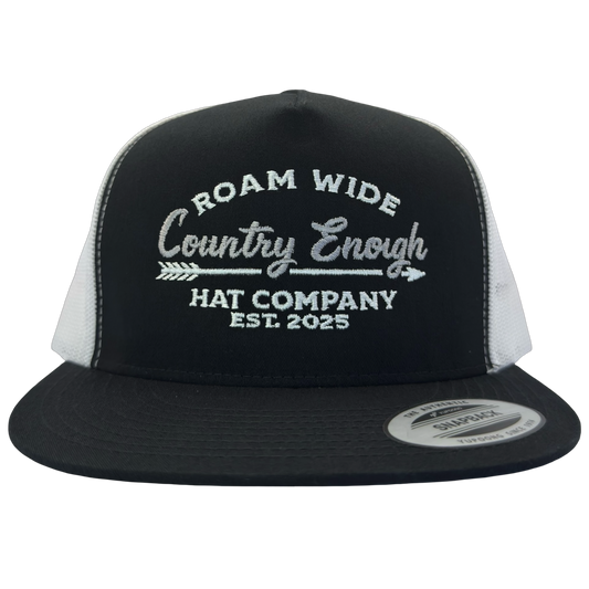 Yupoong 6006 snapback with words roam wide country enough hat company est. 2025 #black/white