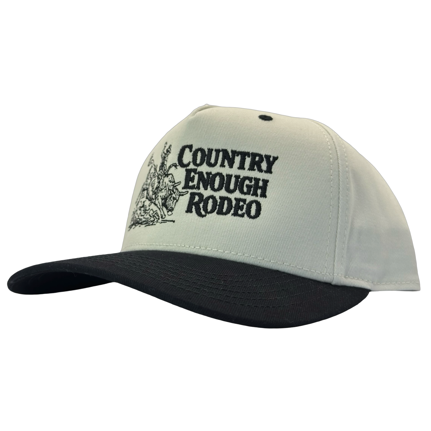 Legacy heritage snapback hat with graphic of bull rider on a bucking bull and the words country enough rodeo #black