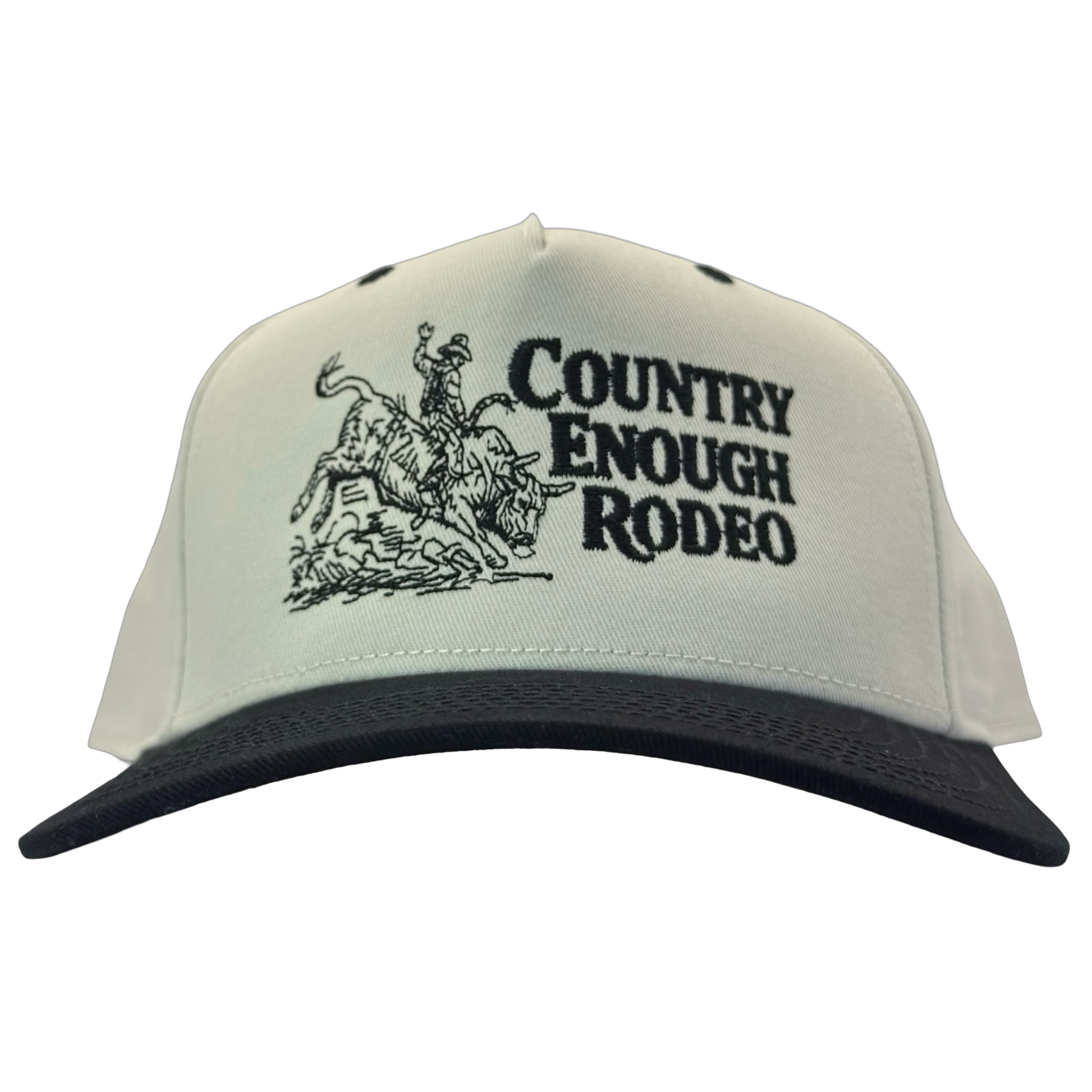 Legacy heritage snapback hat with graphic of bull rider on a bucking bull and the words country enough rodeo #black