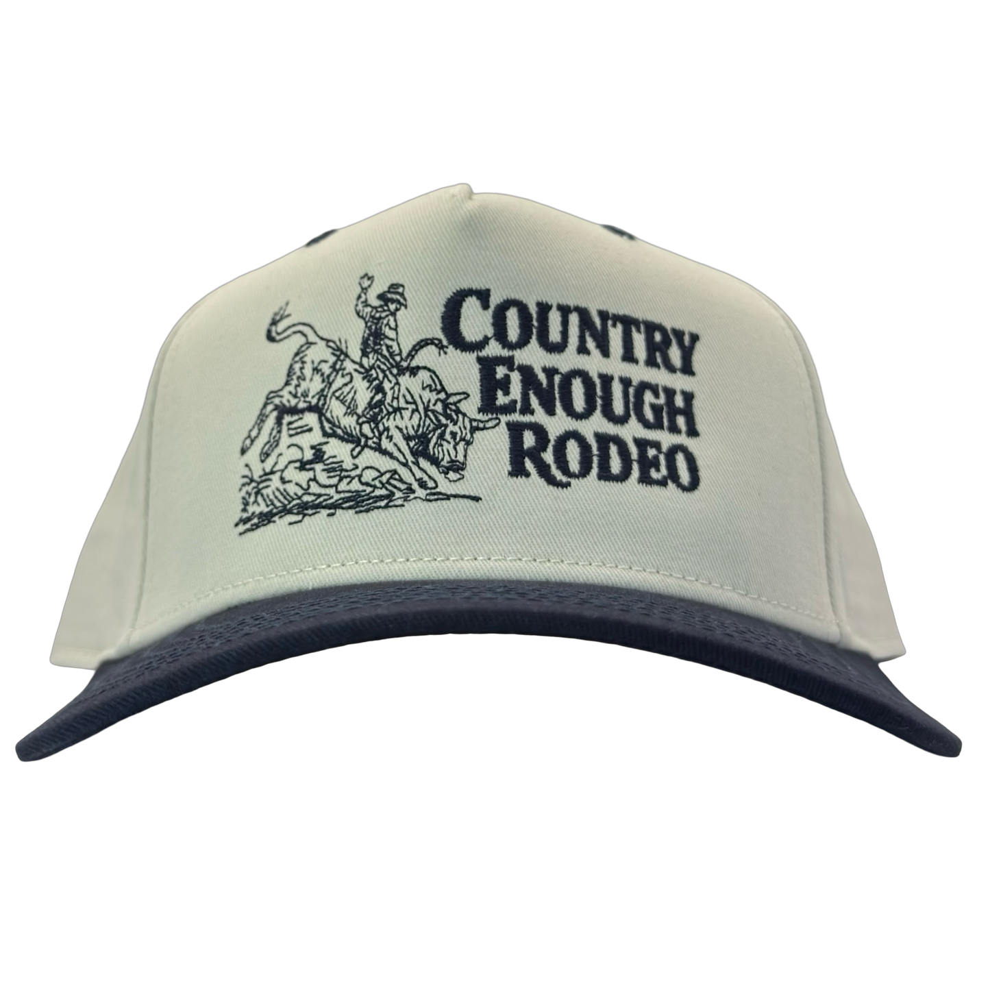 Legacy heritage snapback hat with graphic of bull rider on a bucking bull and the words country enough rodeo #navy