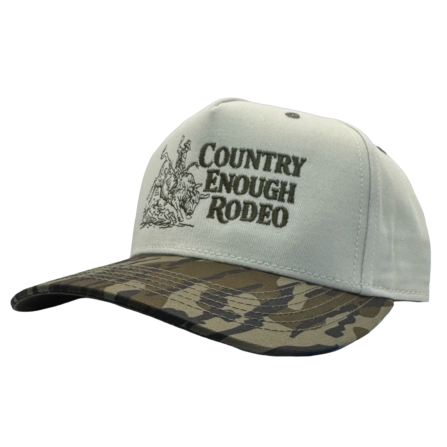 Legacy heritage snapback hat with graphic of bull rider on a bucking bull and the words country enough rodeo #bottomland