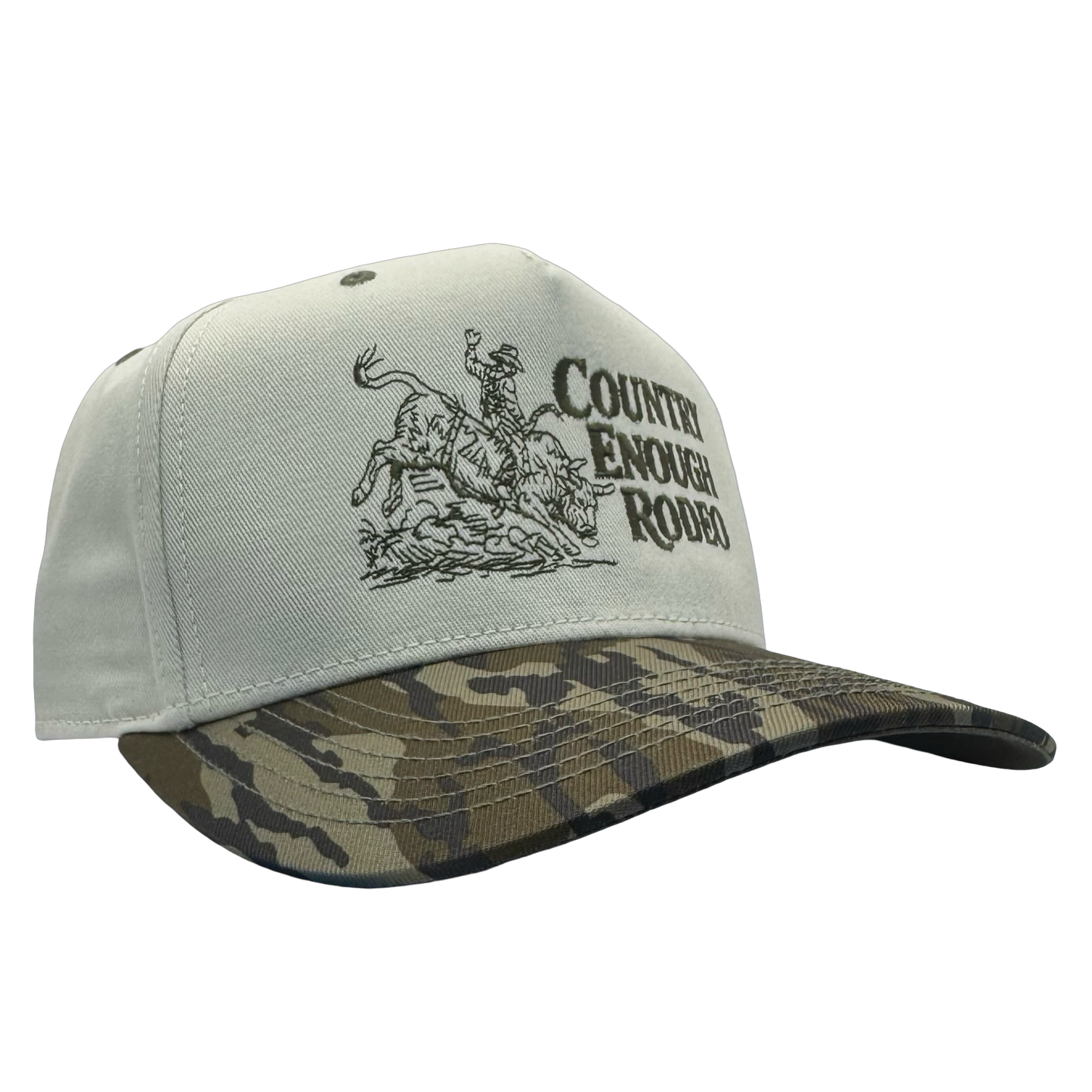 Legacy heritage snapback hat with graphic of bull rider on a bucking bull and the words country enough rodeo #bottomland
