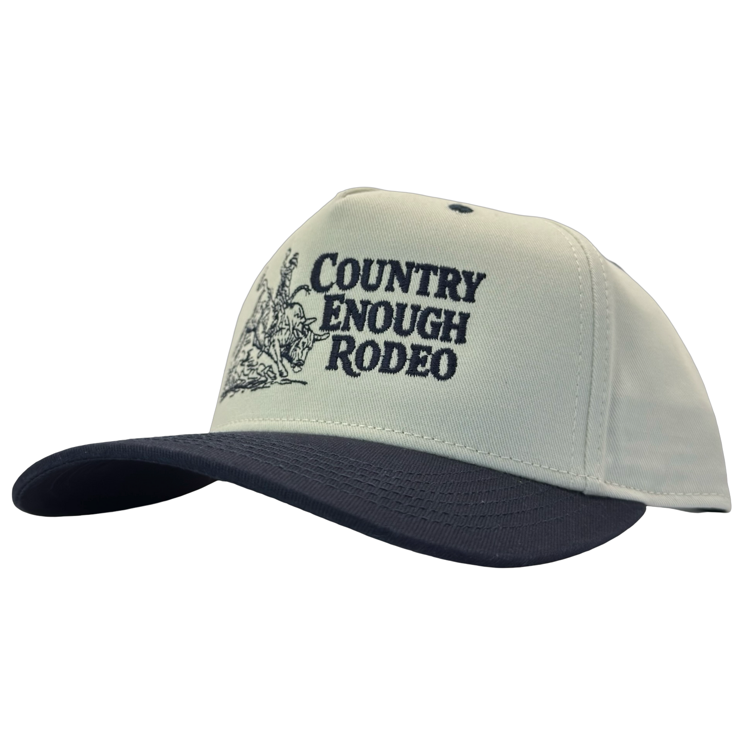 Legacy heritage snapback hat with graphic of bull rider on a bucking bull and the words country enough rodeo #navy