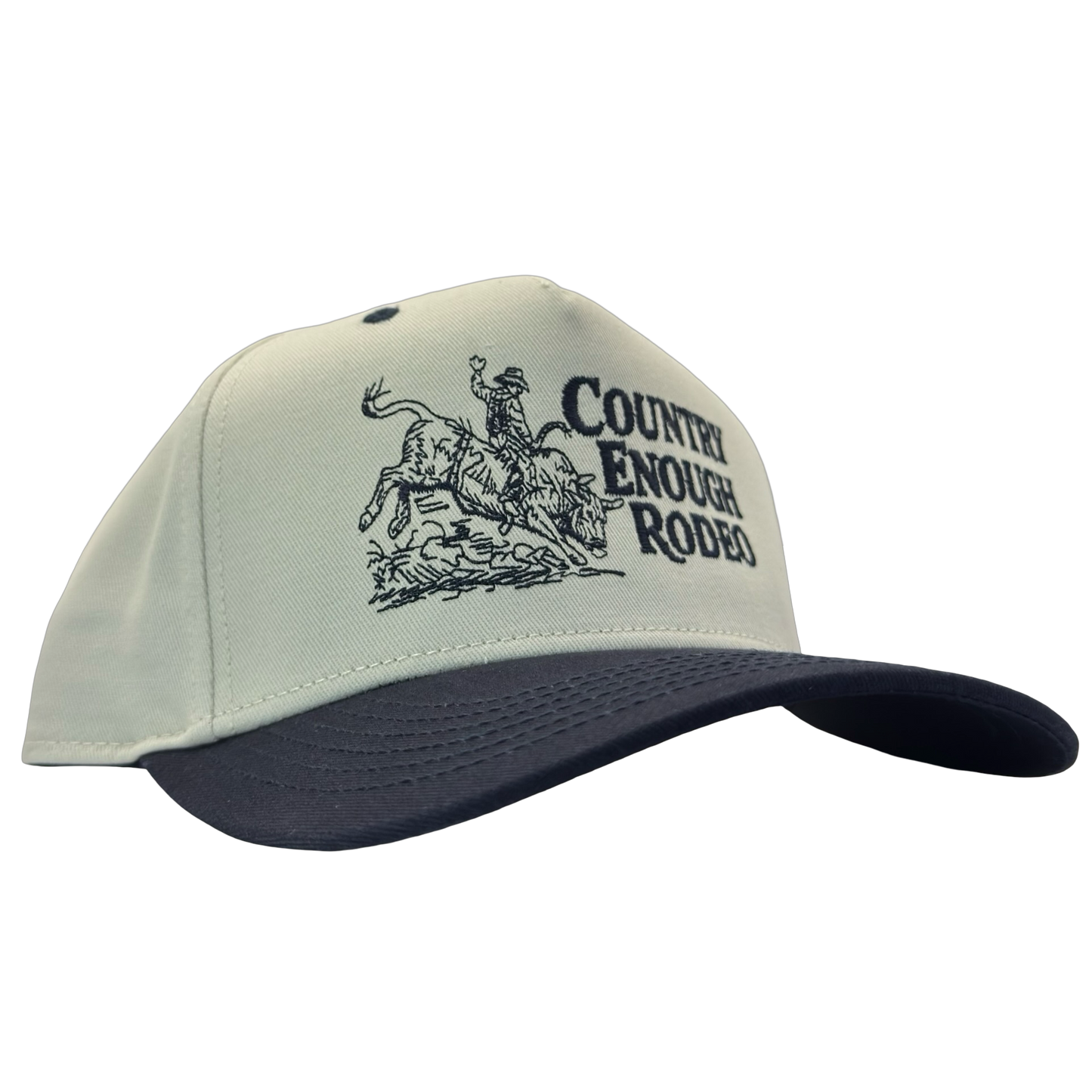 Legacy heritage snapback hat with graphic of bull rider on a bucking bull and the words country enough rodeo #navy
