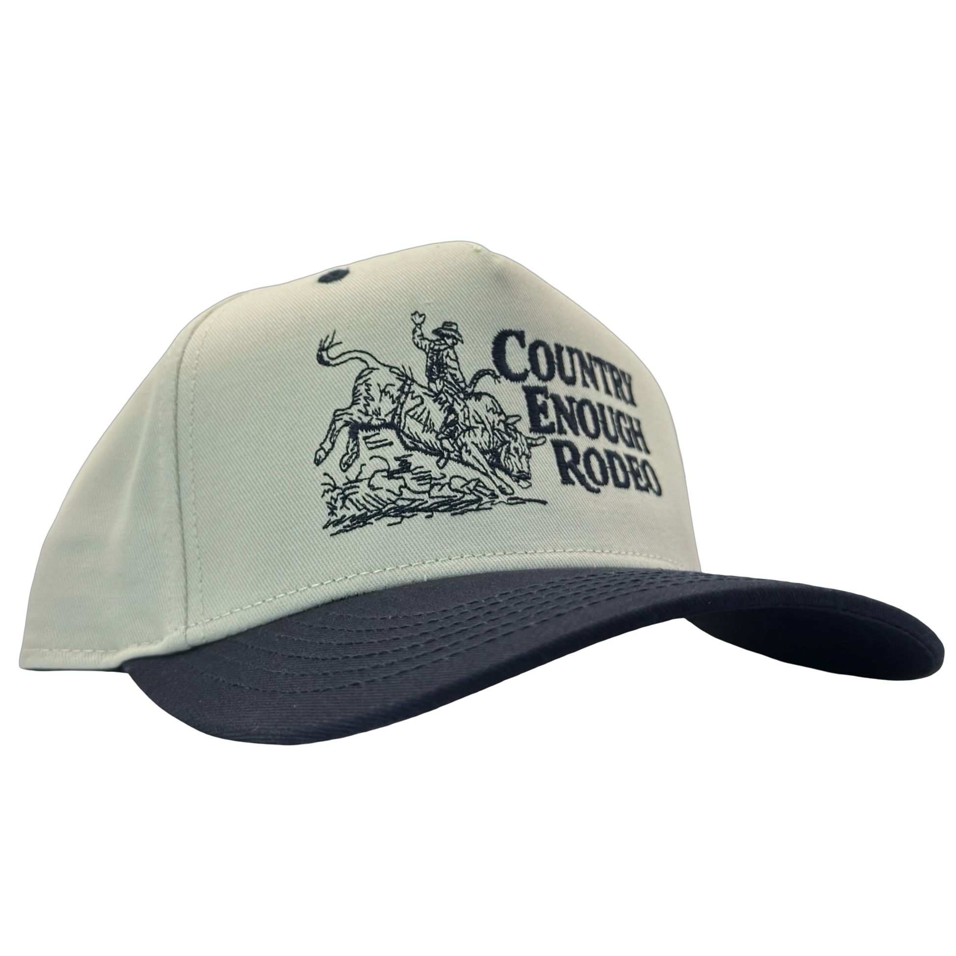 Legacy heritage snapback hat with graphic of bull rider on a bucking bull and the words country enough rodeo #navy