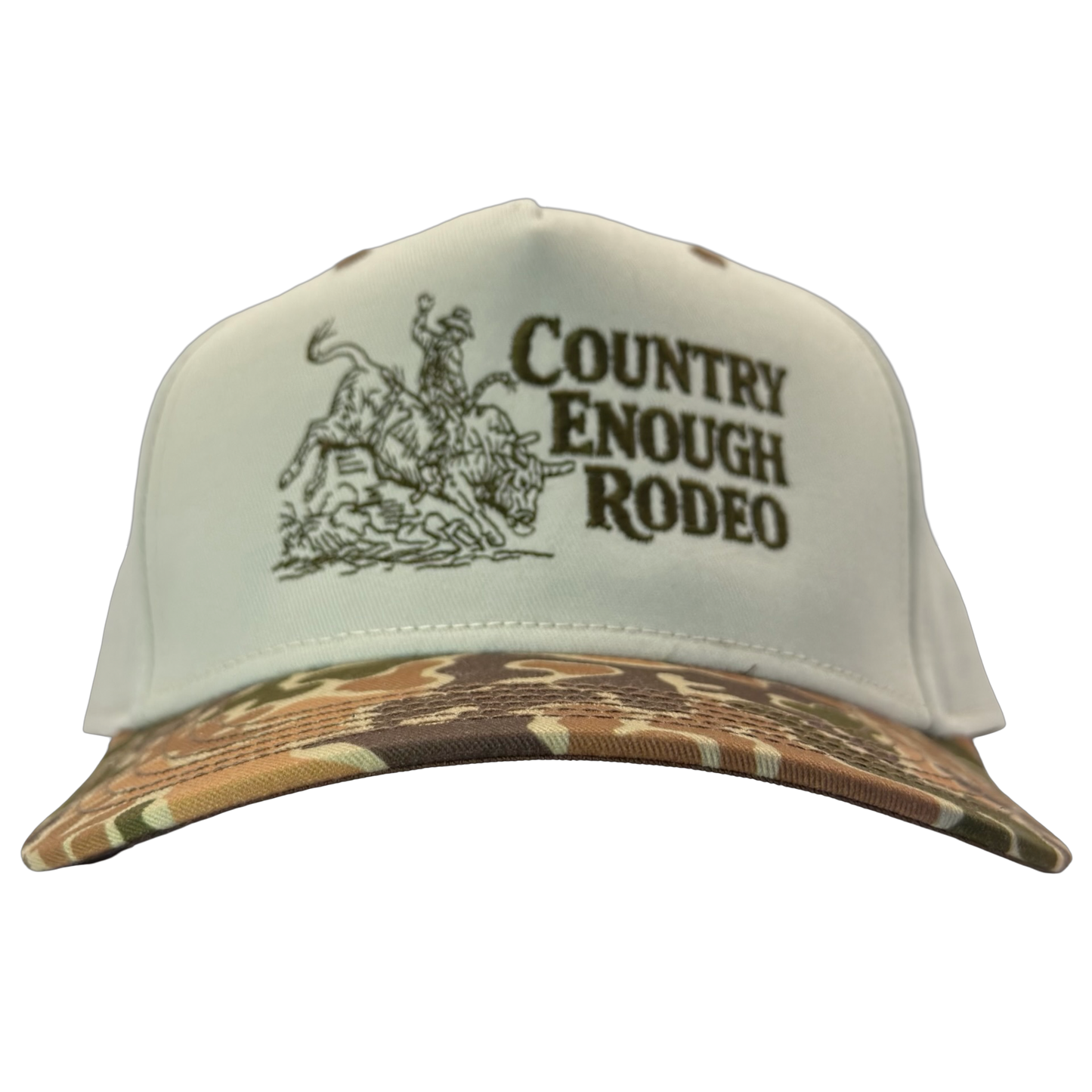 Legacy heritage snapback hat with graphic of bull rider on a bucking bull and the words country enough rodeo #duckcamo