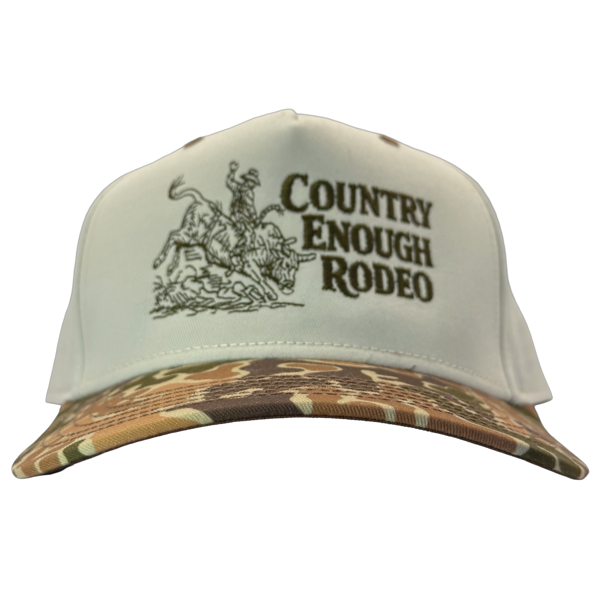 Legacy heritage snapback hat with graphic of bull rider on a bucking bull and the words country enough rodeo #duckcamo