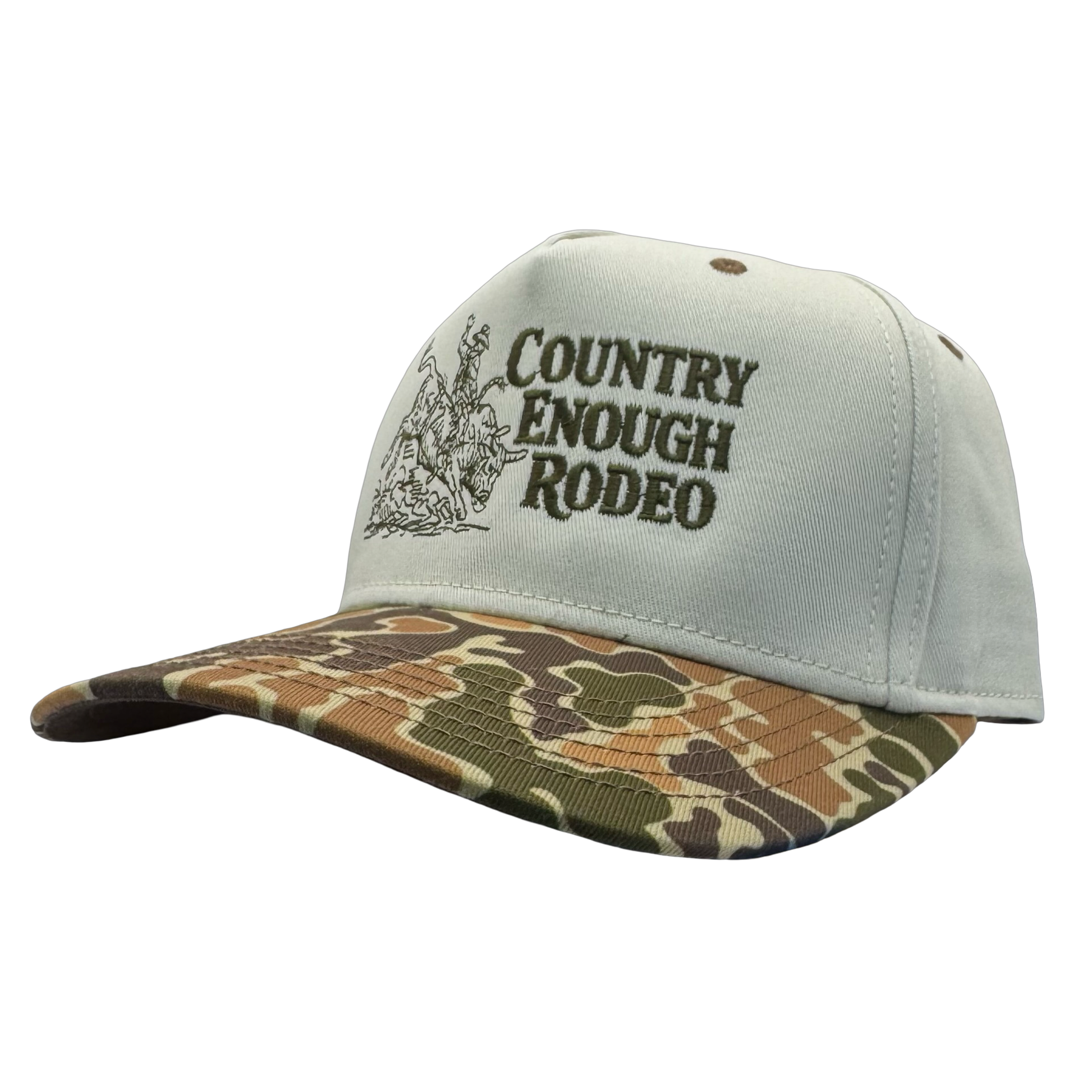Legacy heritage snapback hat with graphic of bull rider on a bucking bull and the words country enough rodeo #duckcamo