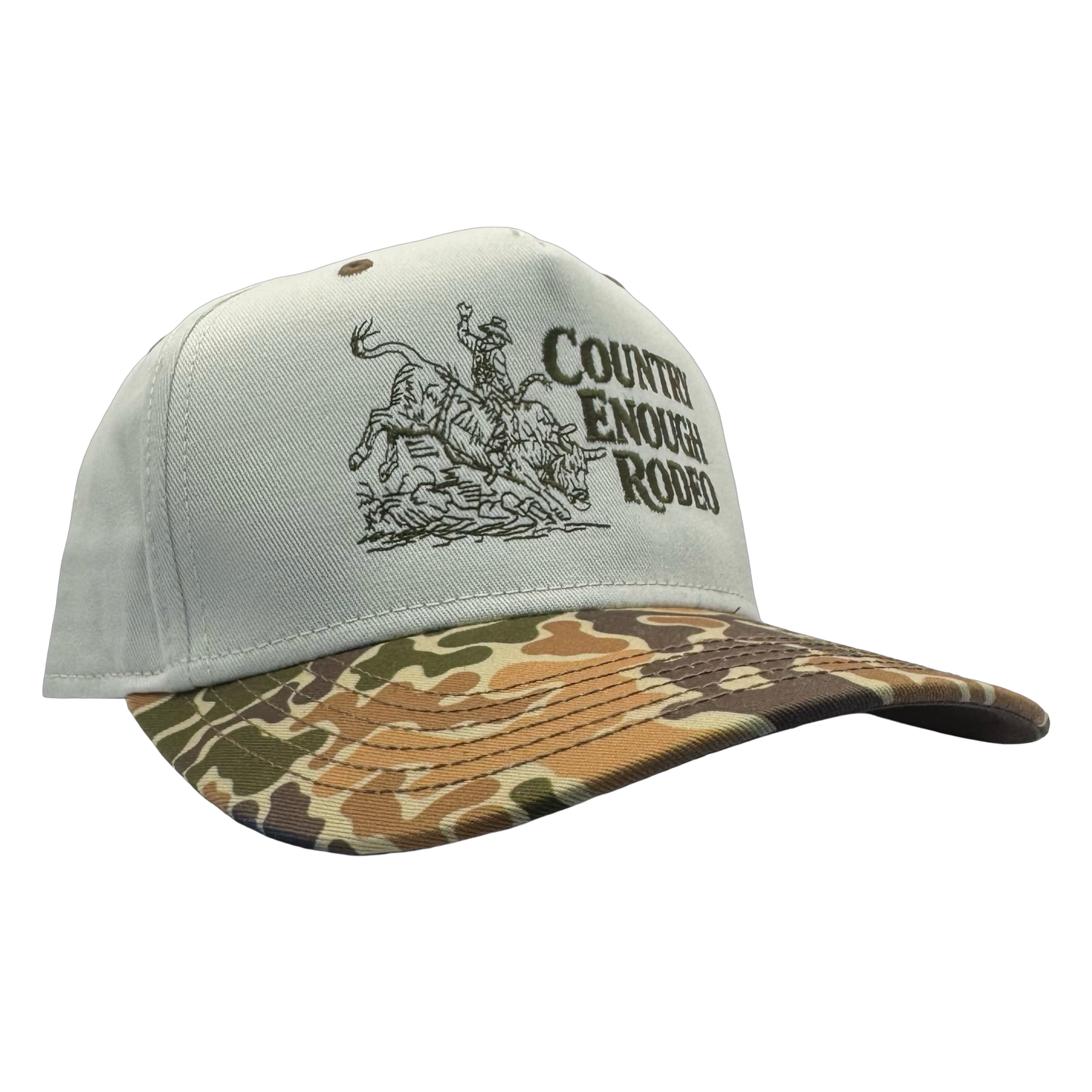 Legacy heritage snapback hat with graphic of bull rider on a bucking bull and the words country enough rodeo #duckcamo