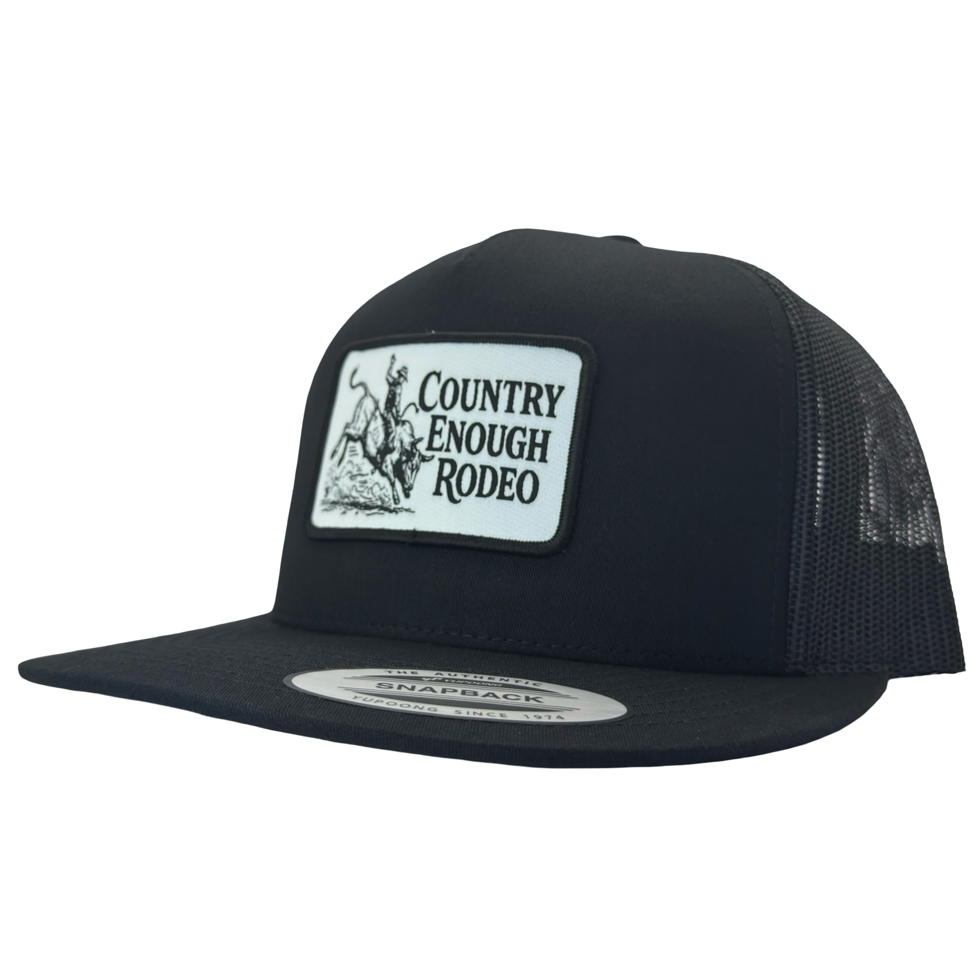 Yupoong 6006 flat bill snapback with a patch that contains graphic of a bullrider and bucking bull and words country enough rodeo #black