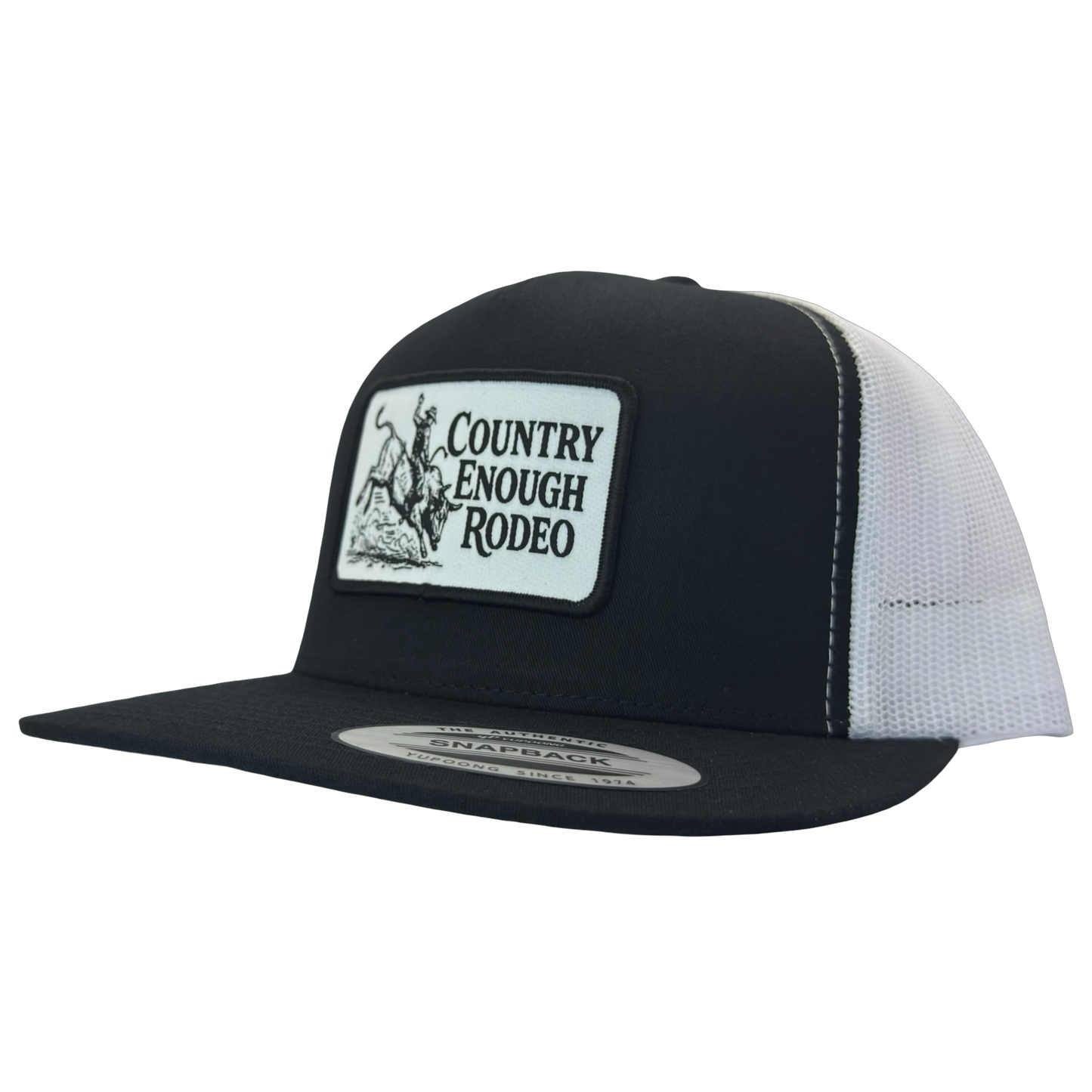 Yupoong 6006 flat bill snapback with a patch that contains graphic of a bullrider and bucking bull and words country enough rodeo #black/white