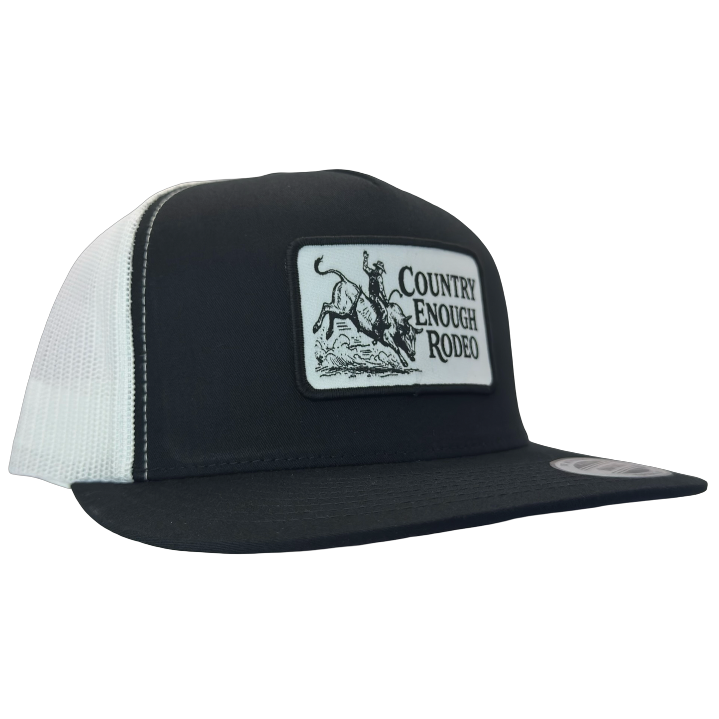 Yupoong 6006 flat bill snapback with a patch that contains graphic of a bullrider and bucking bull and words country enough rodeo #black/white