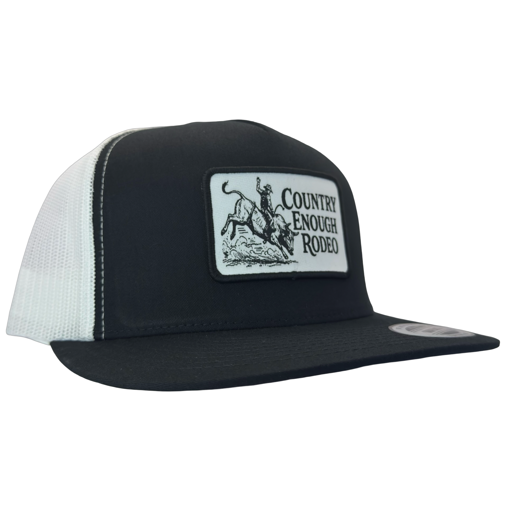 Yupoong 6006 flat bill snapback with a patch that contains graphic of a bullrider and bucking bull and words country enough rodeo #black/white