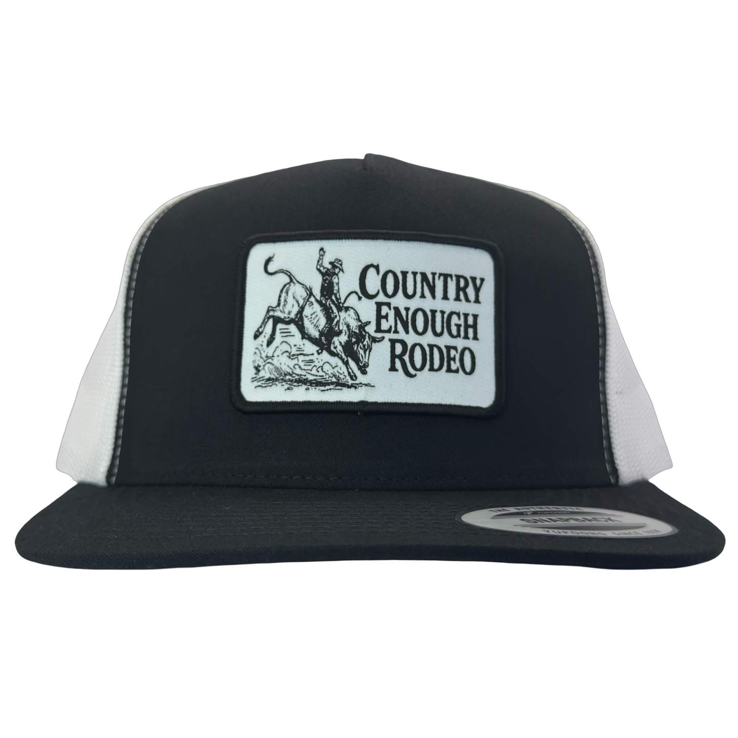Yupoong 6006 flat bill snapback with a patch that contains graphic of a bullrider and bucking bull and words country enough rodeo #black/white