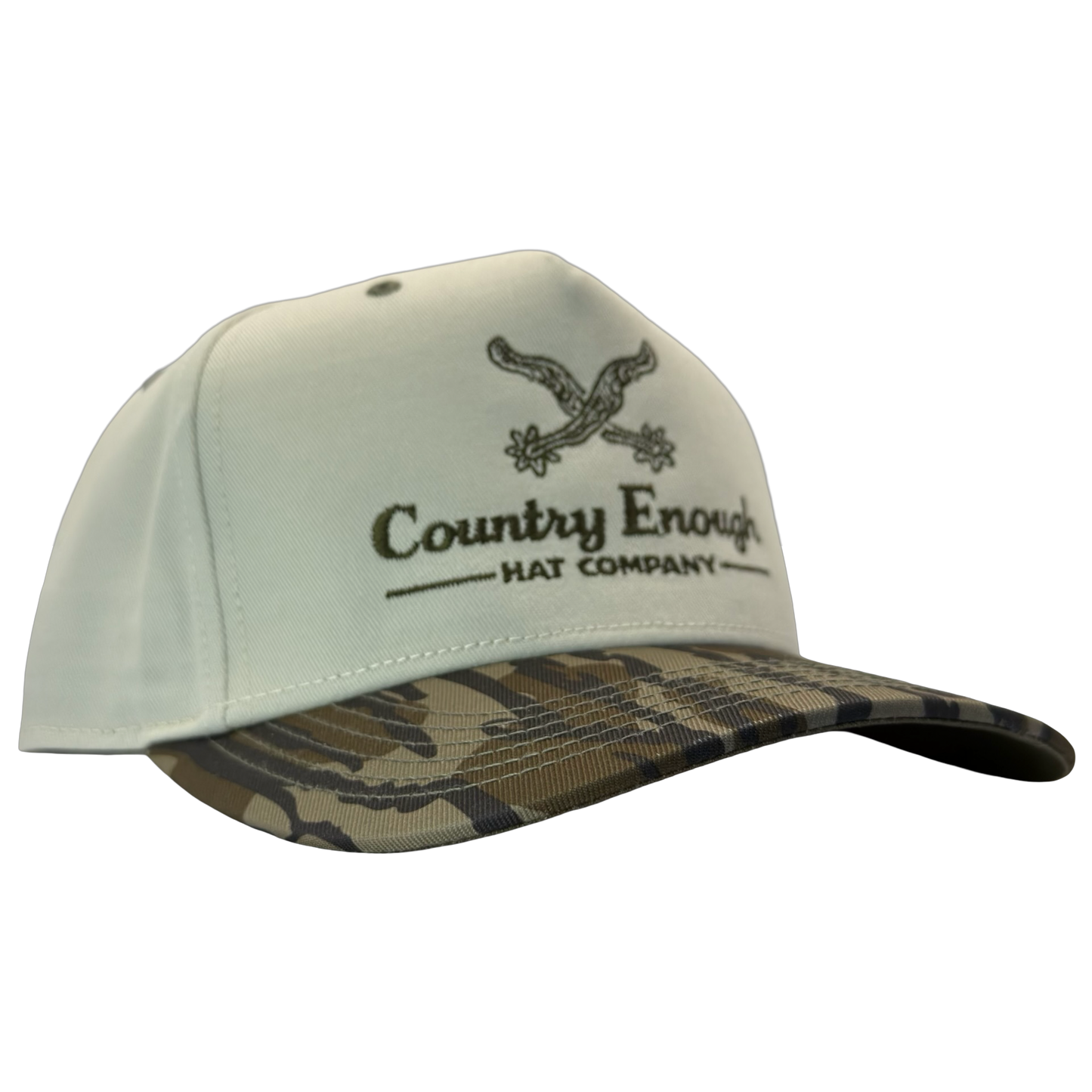 Legacy heritage snapback hat with graphic of spurs and words country enough hat company #bottomland