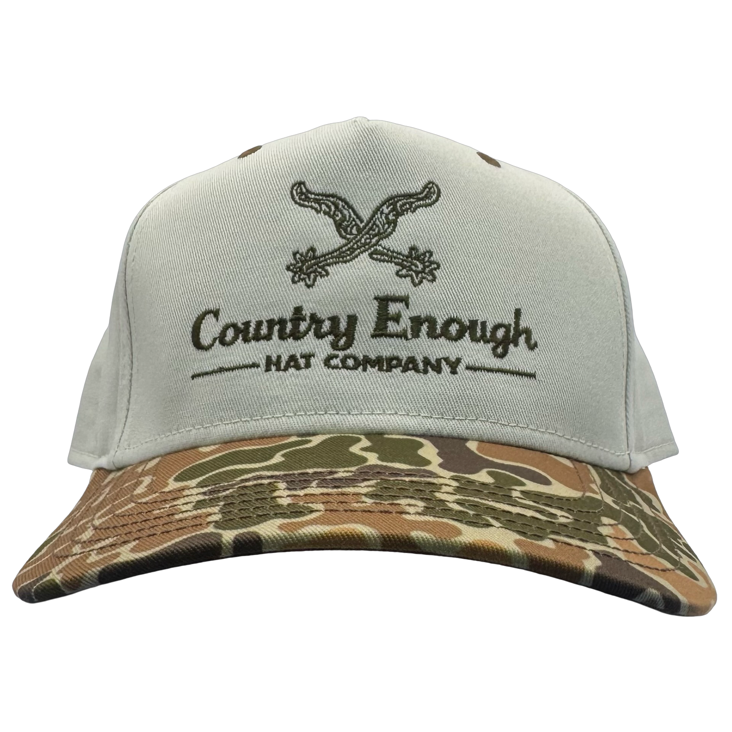 Legacy heritage snapback hat with graphic of spurs and words country enough hat company #duckcamo