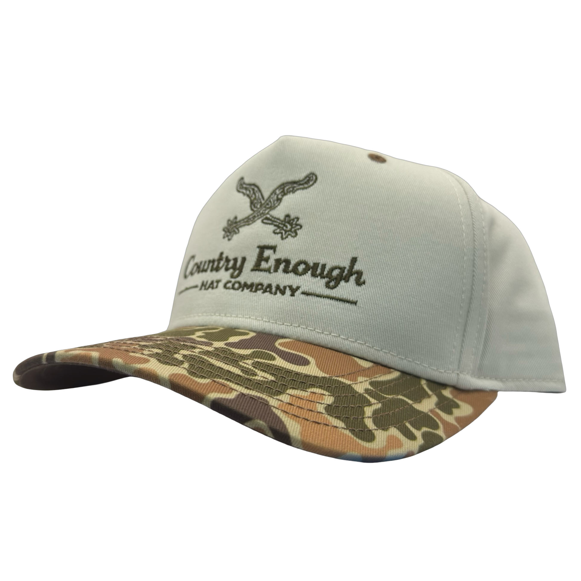 Legacy heritage snapback hat with graphic of spurs and words country enough hat company #duckcamo