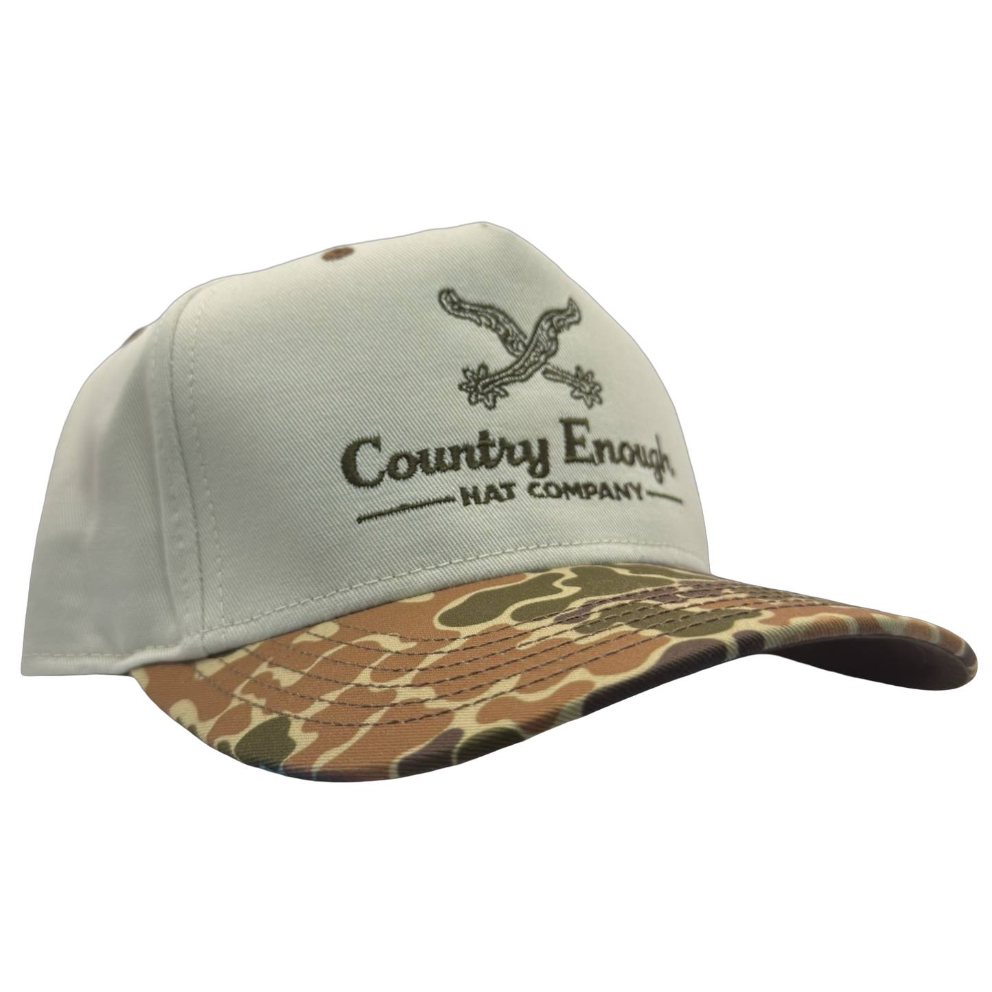 Legacy heritage snapback hat with graphic of spurs and words country enough hat company #duckcamo