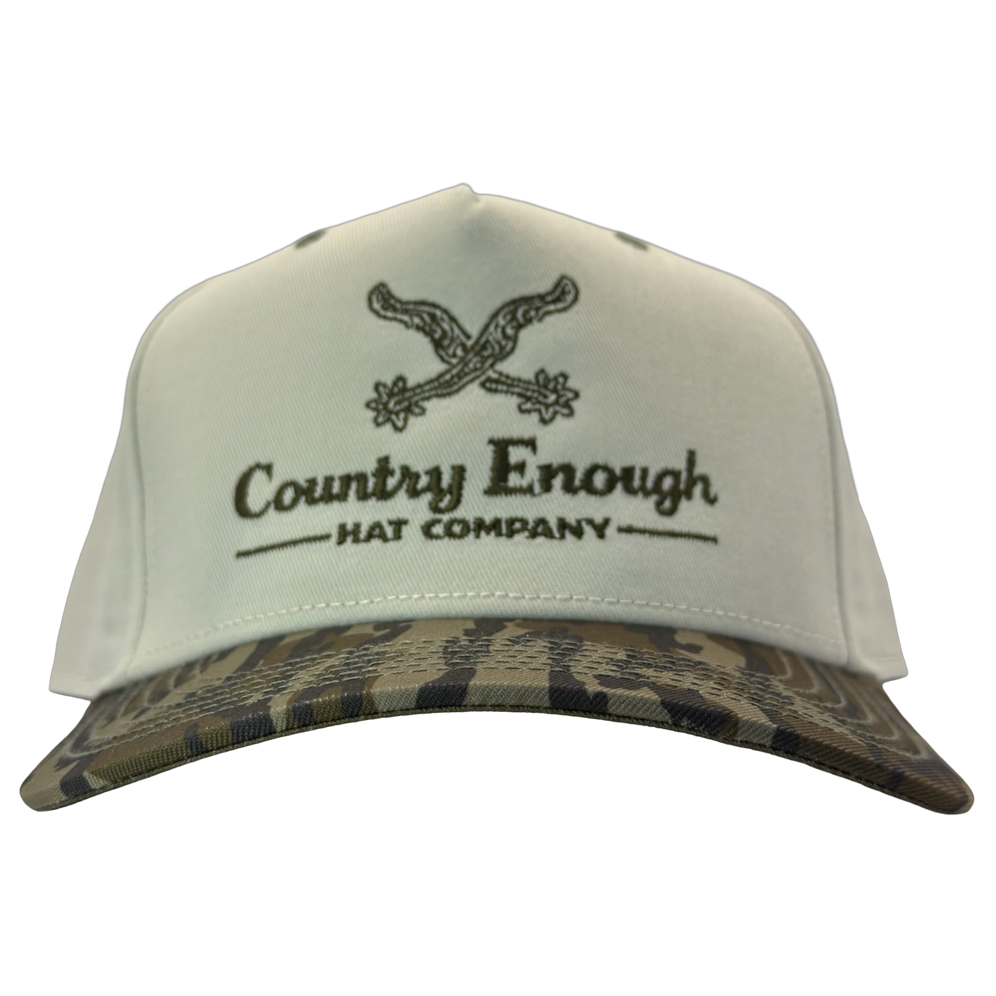 Legacy heritage snapback hat with graphic of spurs and words country enough hat company #bottomland