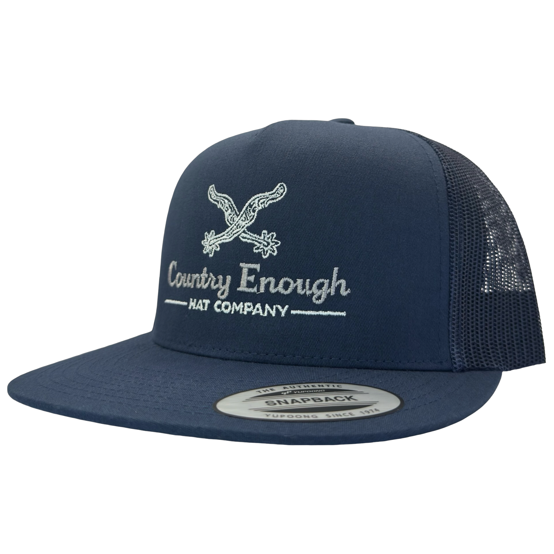 Yupoong 6006 snapback with spur graphic and words country enough hat company #navy