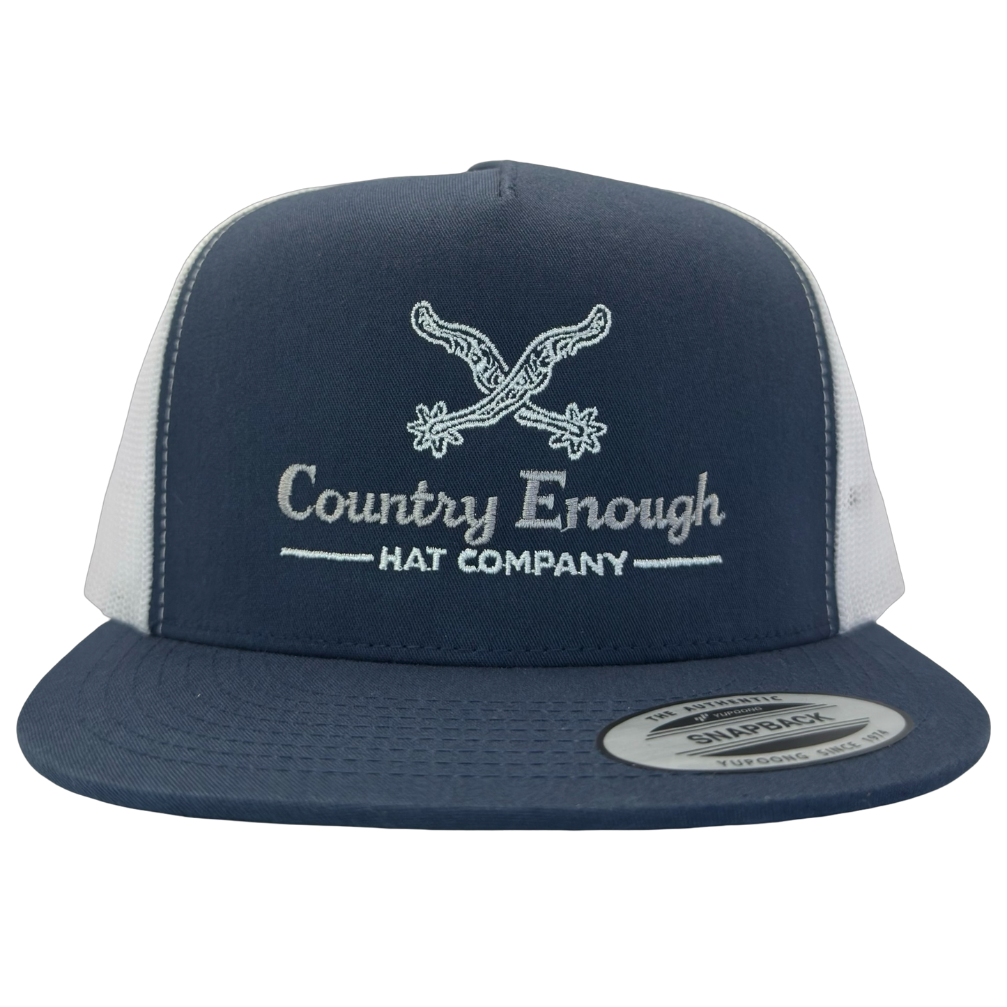 Yupoong 6006 snapback with spur graphic and words country enough hat company #navy/white