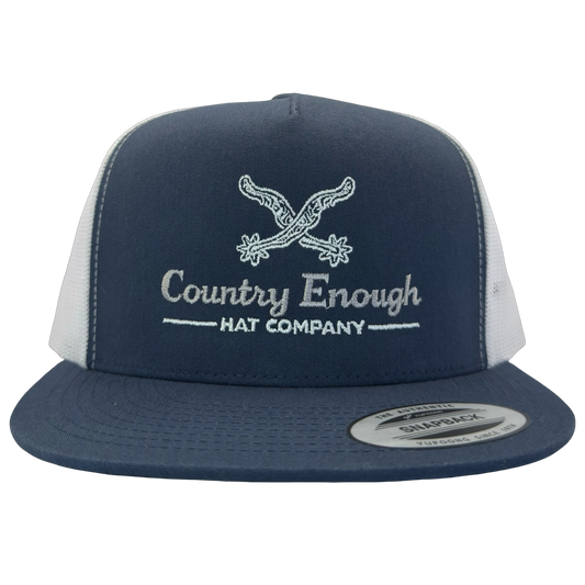 Yupoong 6006 snapback with spur graphic and words country enough hat company #navy/white