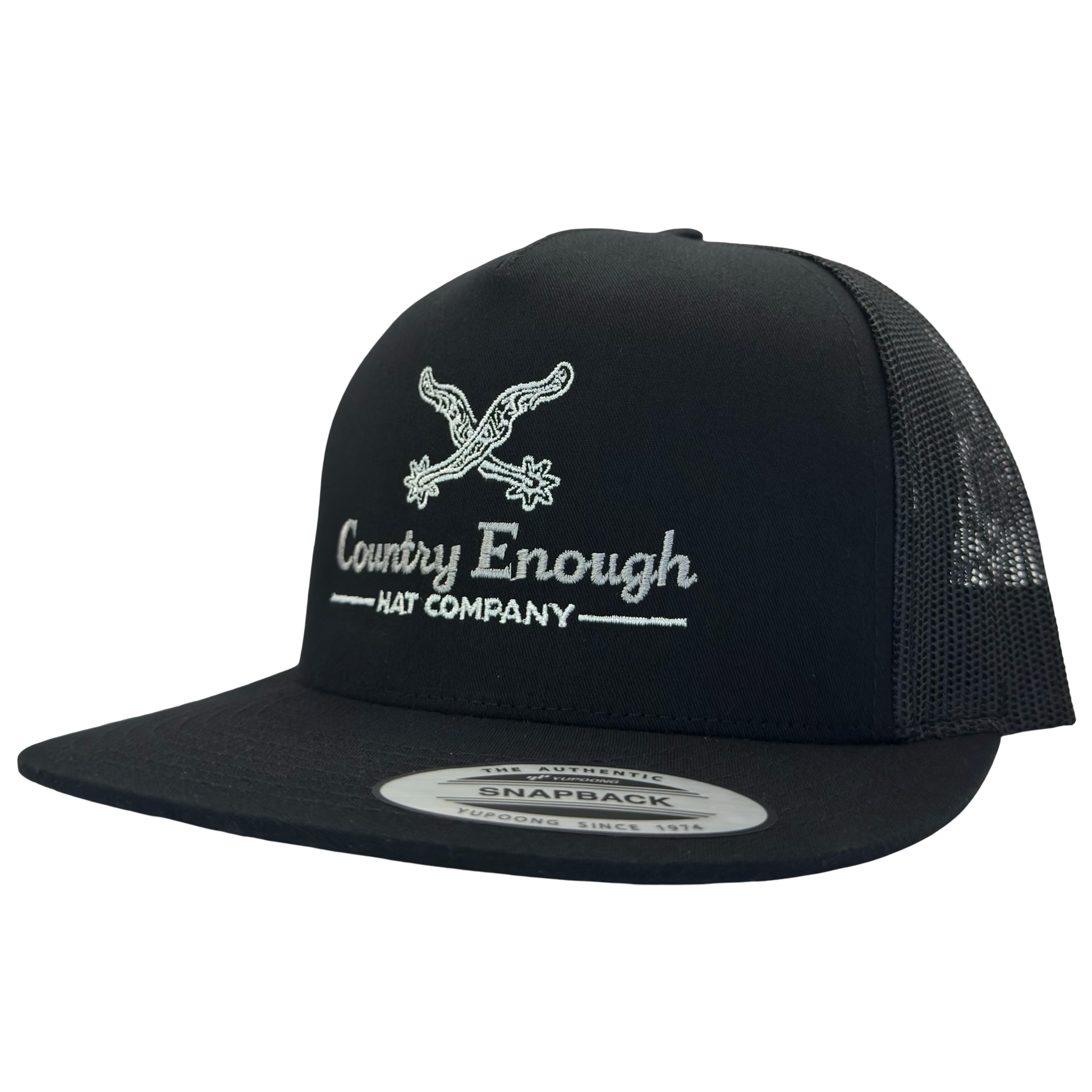Yupoong 6006 snapback with spur graphic and words country enough hat company #black