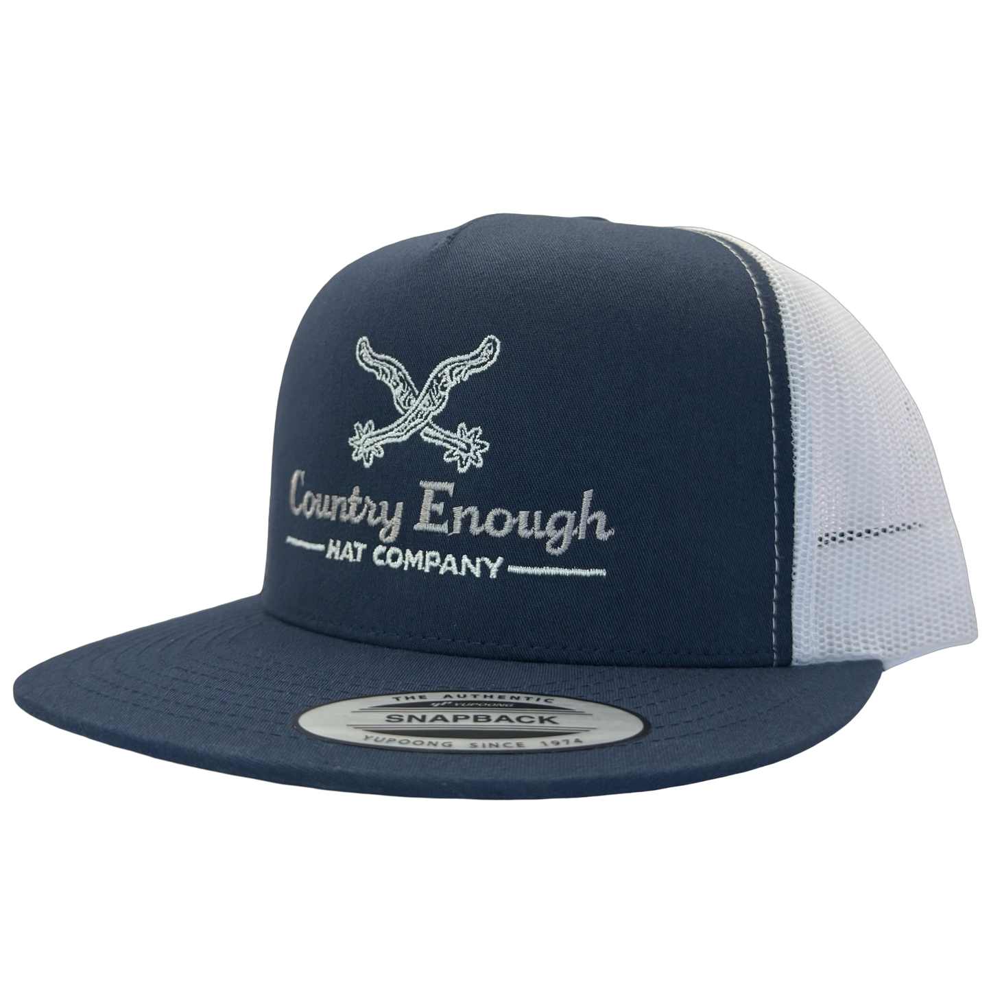 Yupoong 6006 snapback with spur graphic and words country enough hat company #navy/white