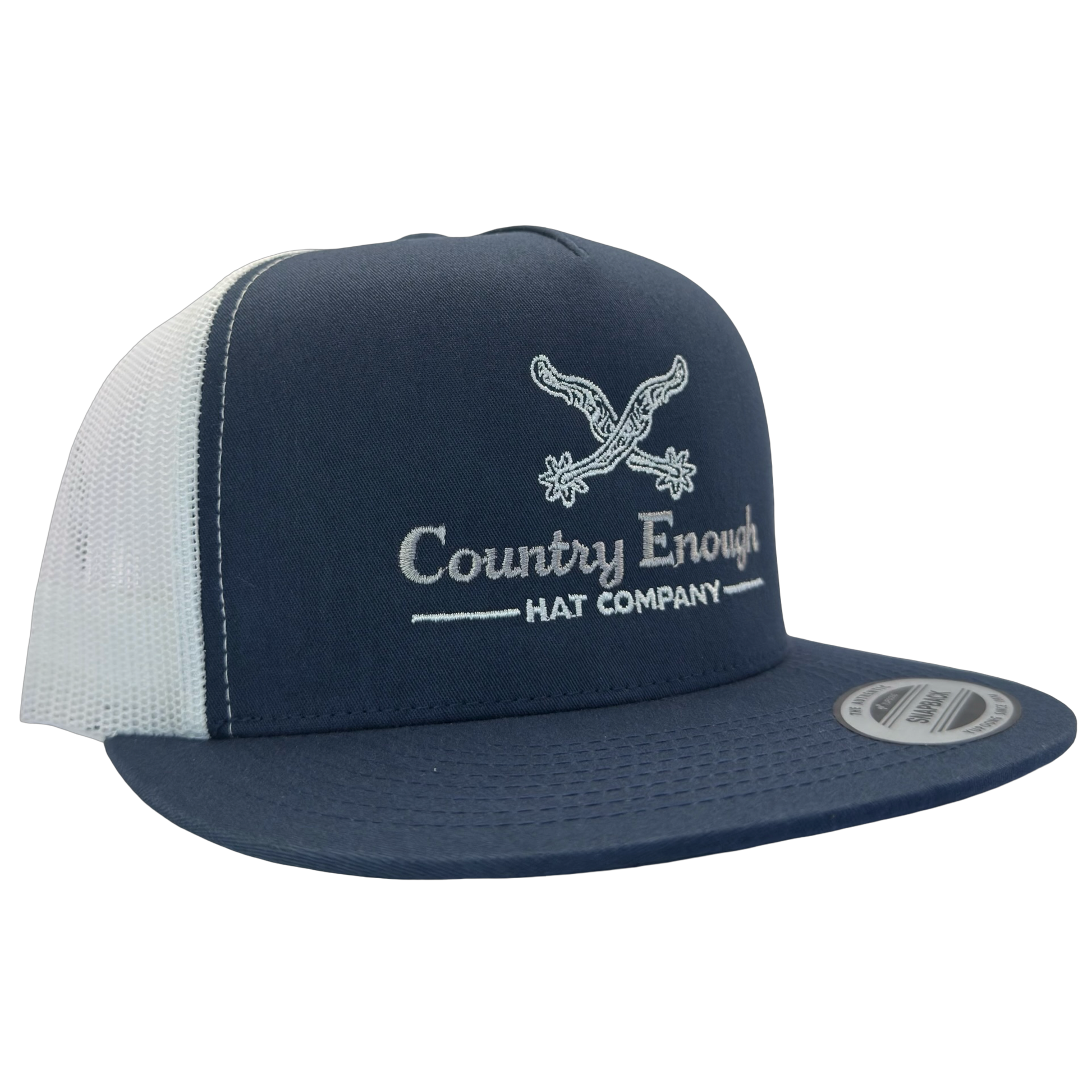 Yupoong 6006 snapback with spur graphic and words country enough hat company #navy/white