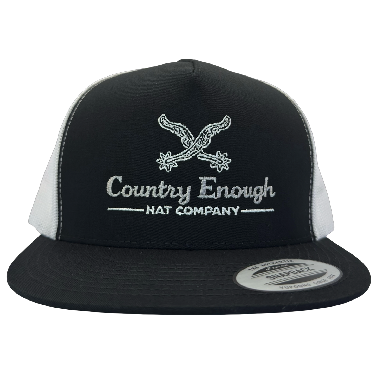 Yupoong 6006 snapback with spur graphic and words country enough hat company #black/white