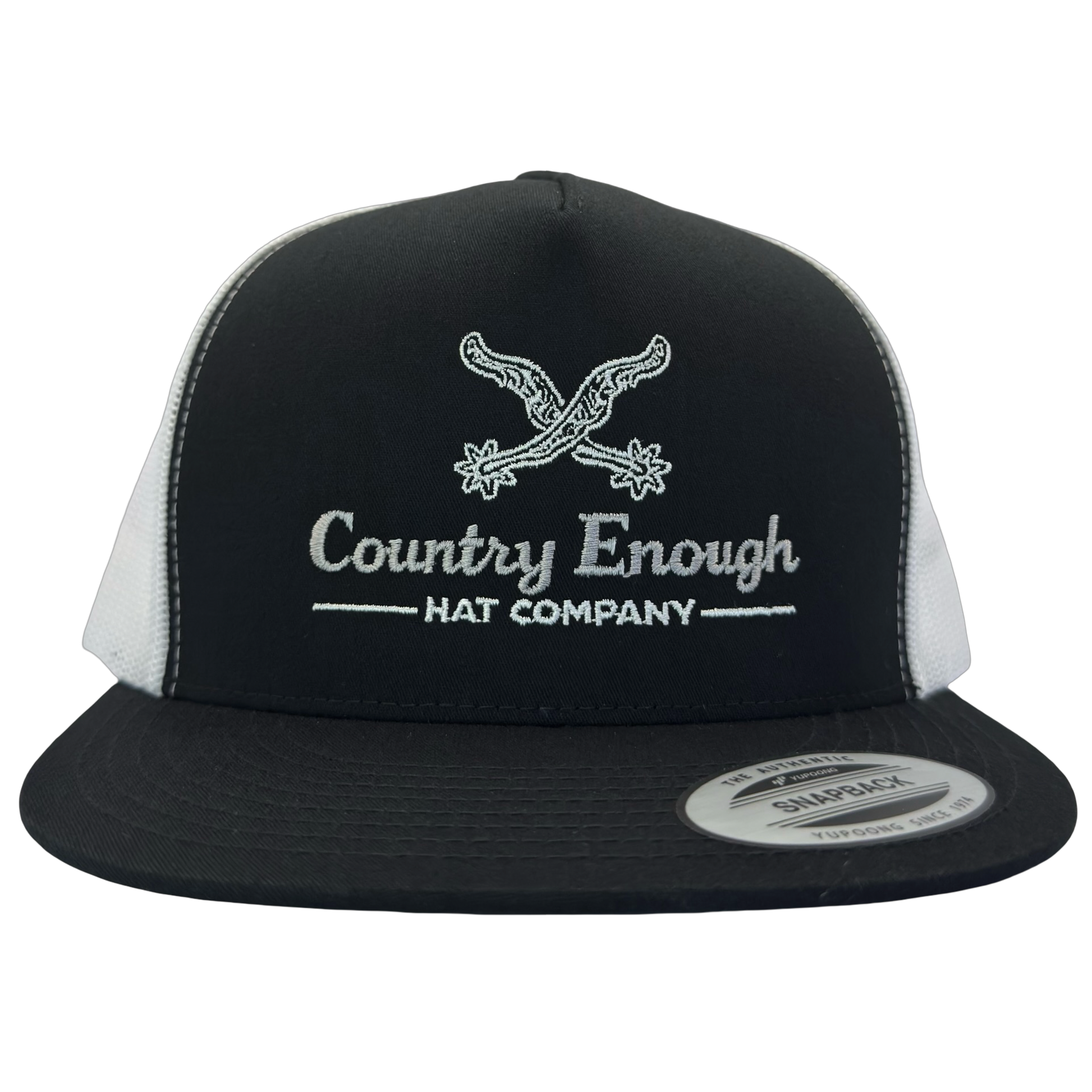 Yupoong 6006 snapback with spur graphic and words country enough hat company #black/white