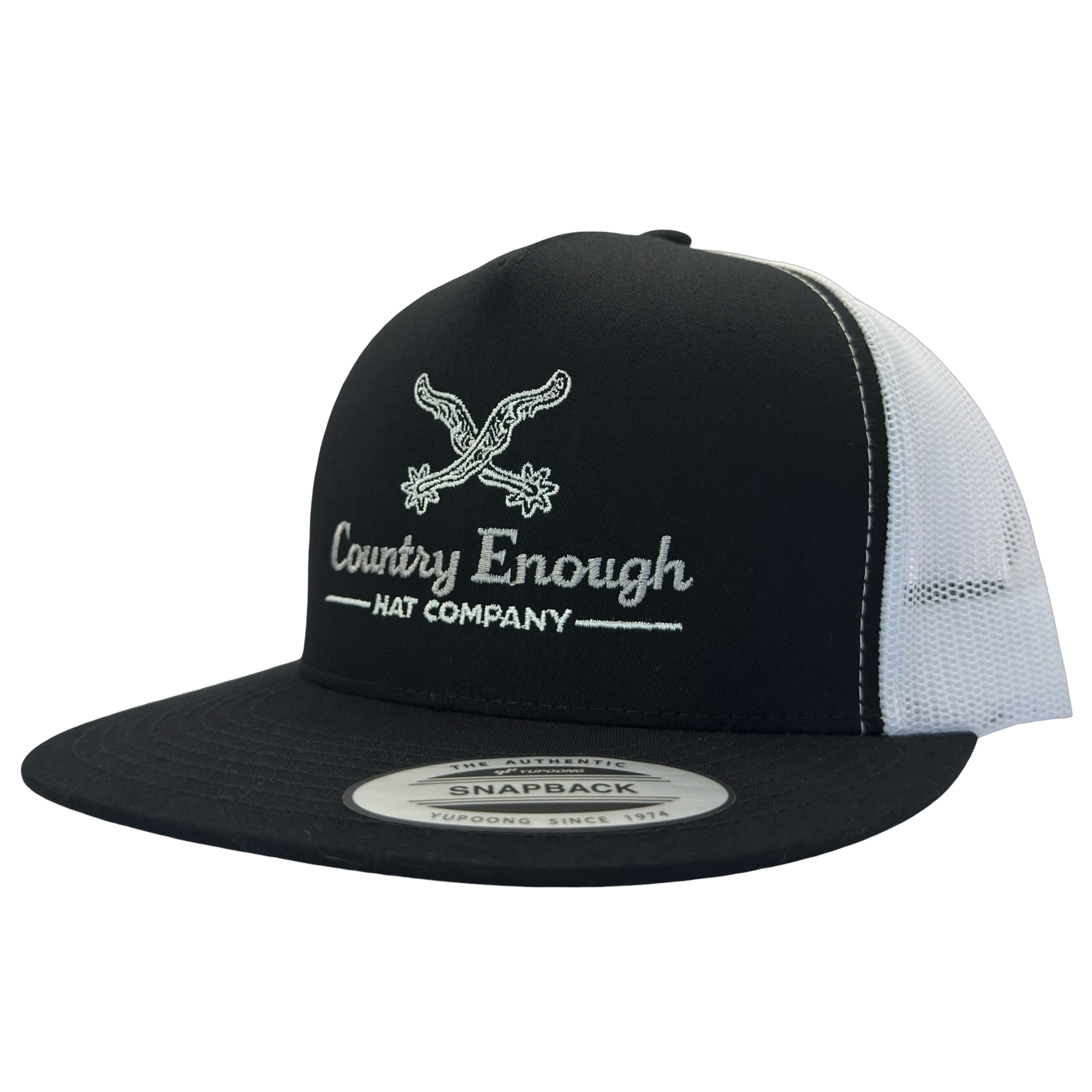 Yupoong 6006 snapback with spur graphic and words country enough hat company #black/white
