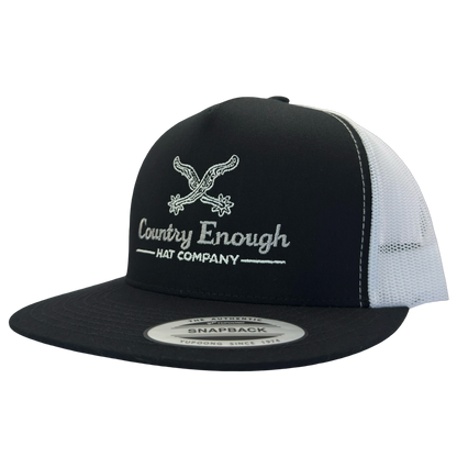 Yupoong 6006 snapback with spur graphic and words country enough hat company #black/white