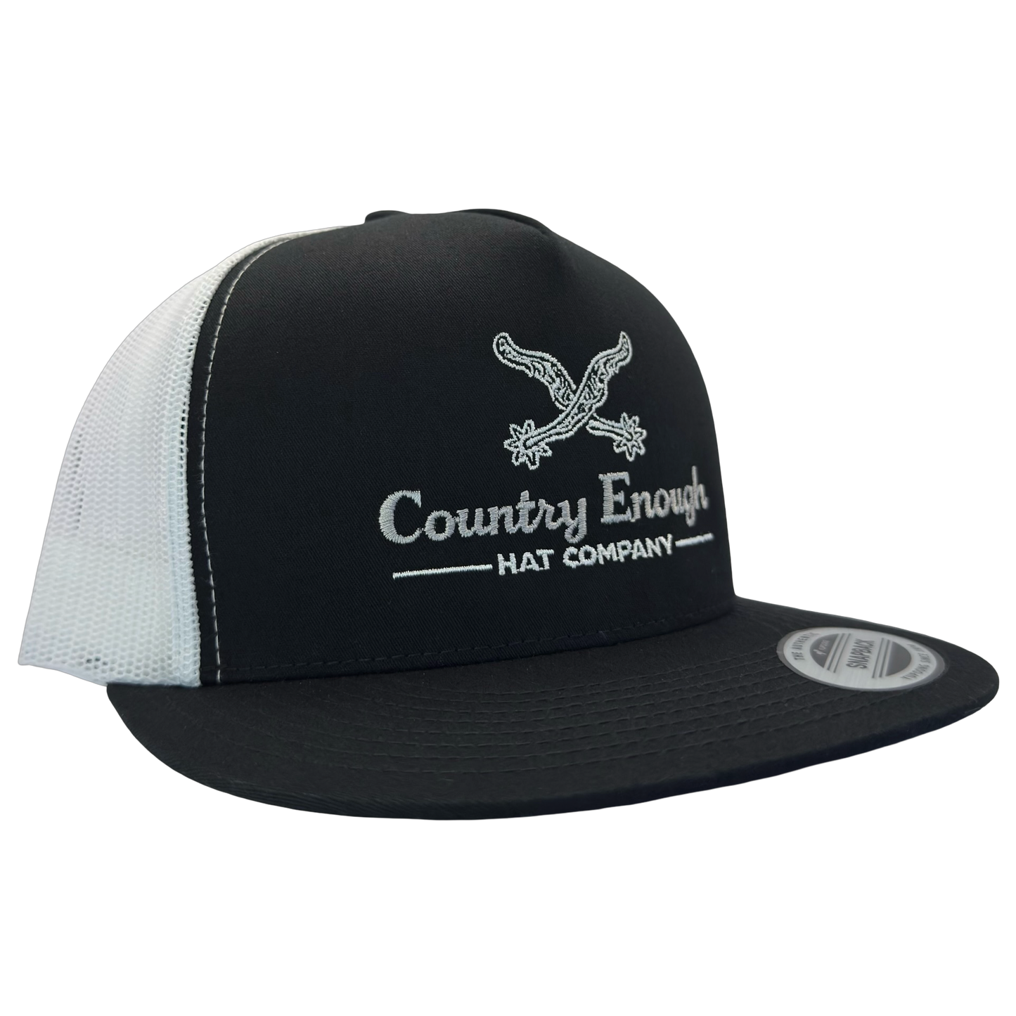Yupoong 6006 snapback with spur graphic and words country enough hat company #black/white