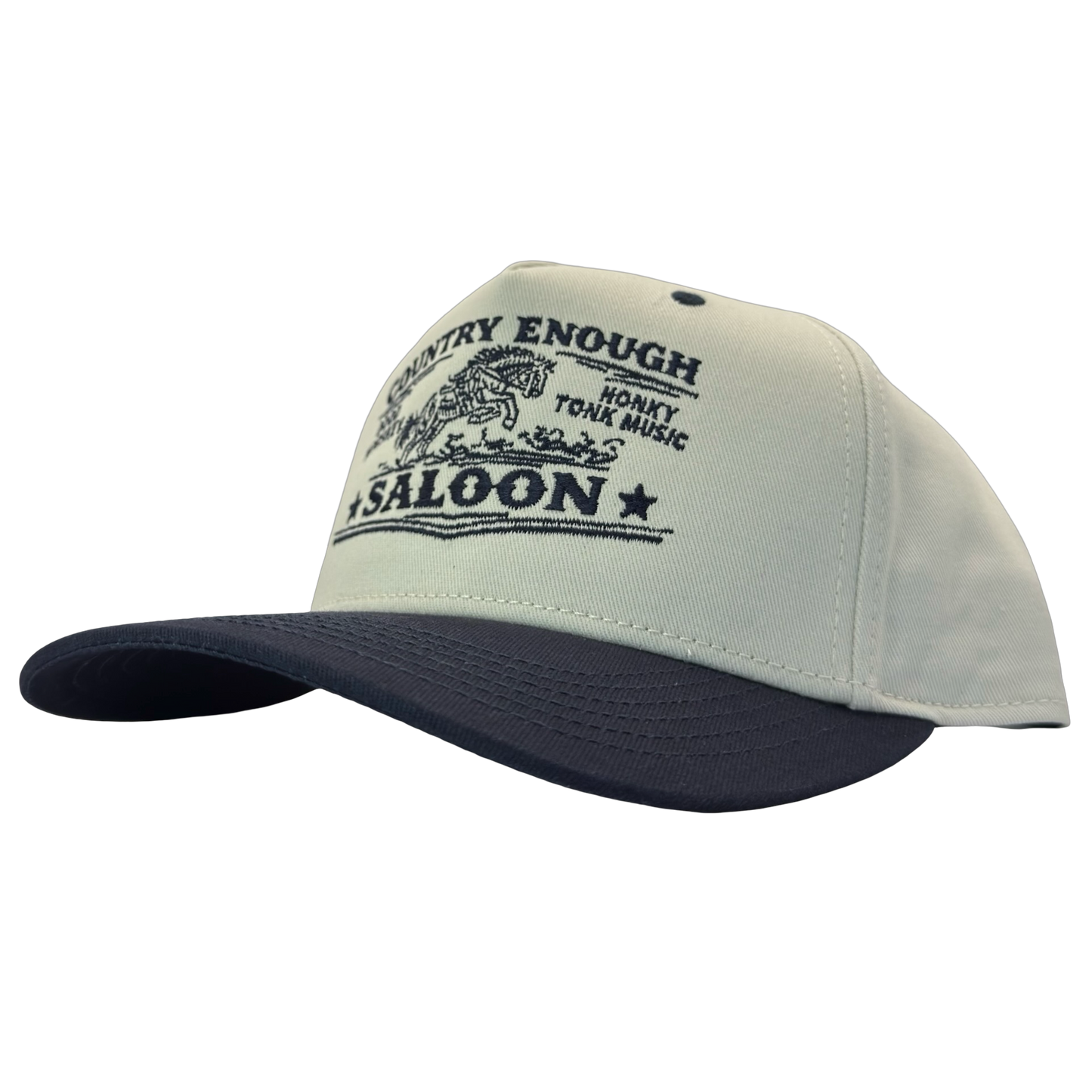 legacy heritage hta snapback hat with graphic of bucking horse and words country enough saloon, good whiskey, and honkey tonk music #navy