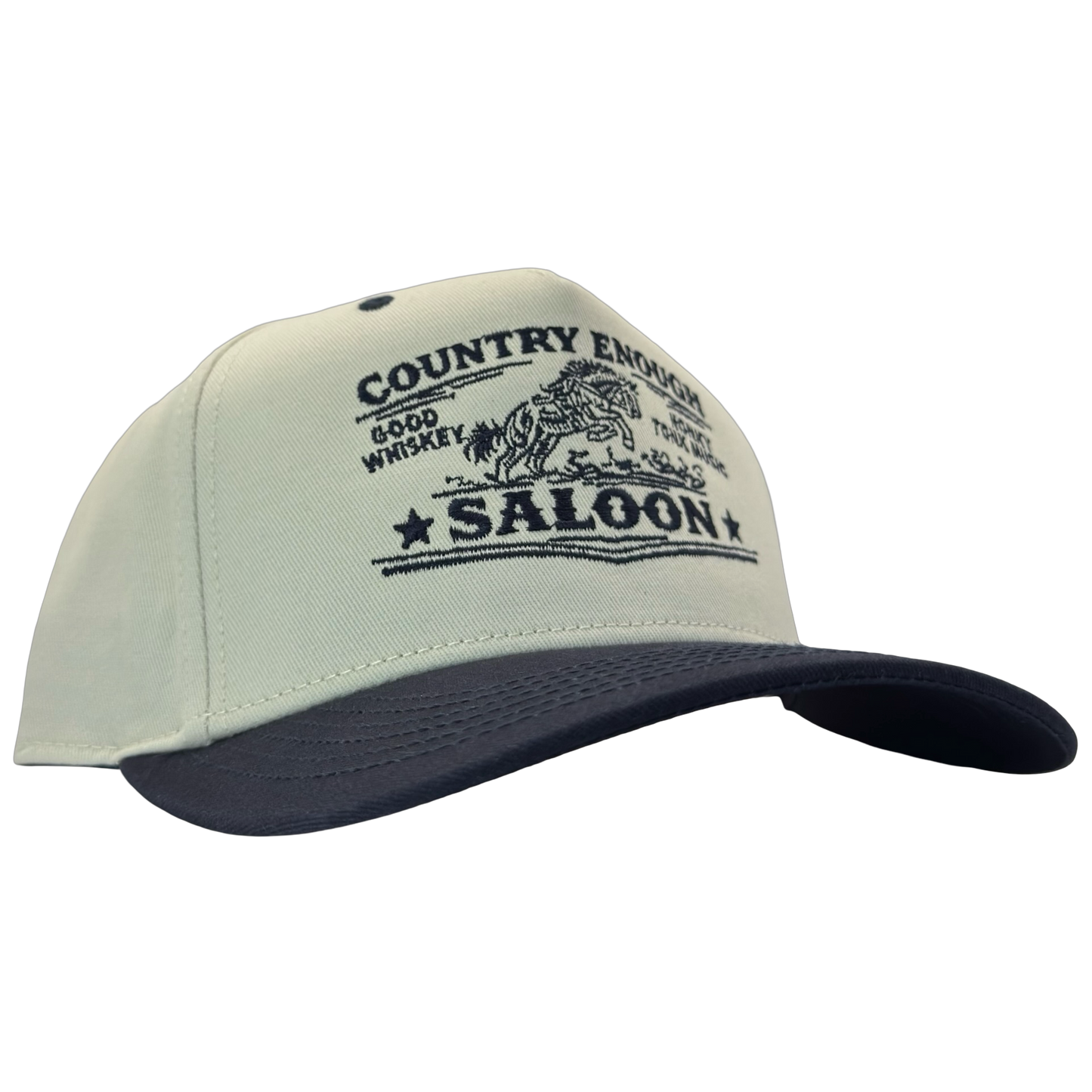legacy heritage hta snapback hat with graphic of bucking horse and words country enough saloon, good whiskey, and honkey tonk music #navy