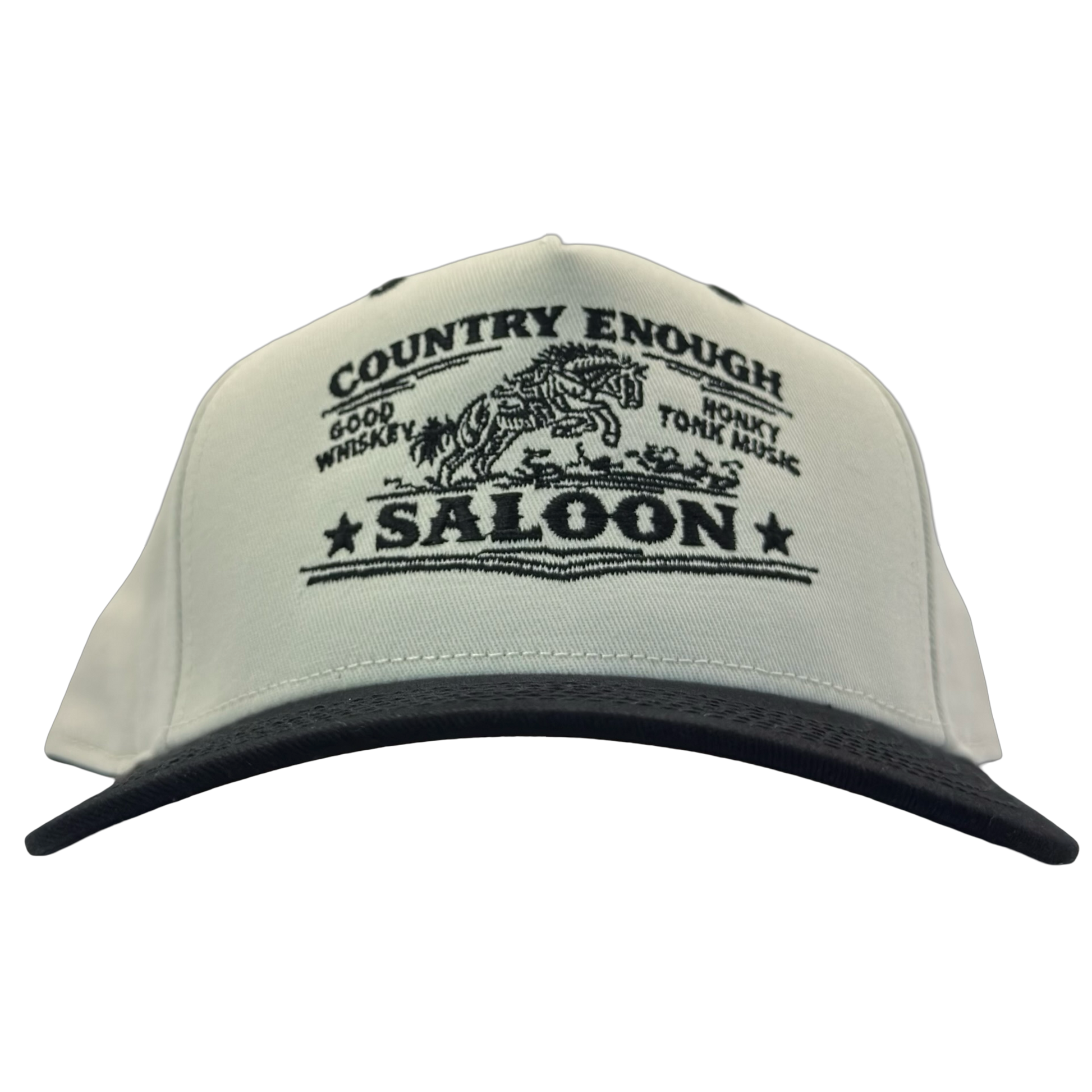 legacy heritage hta snapback hat with graphic of bucking horse and words country enough saloon, good whiskey, and honkey tonk music #black